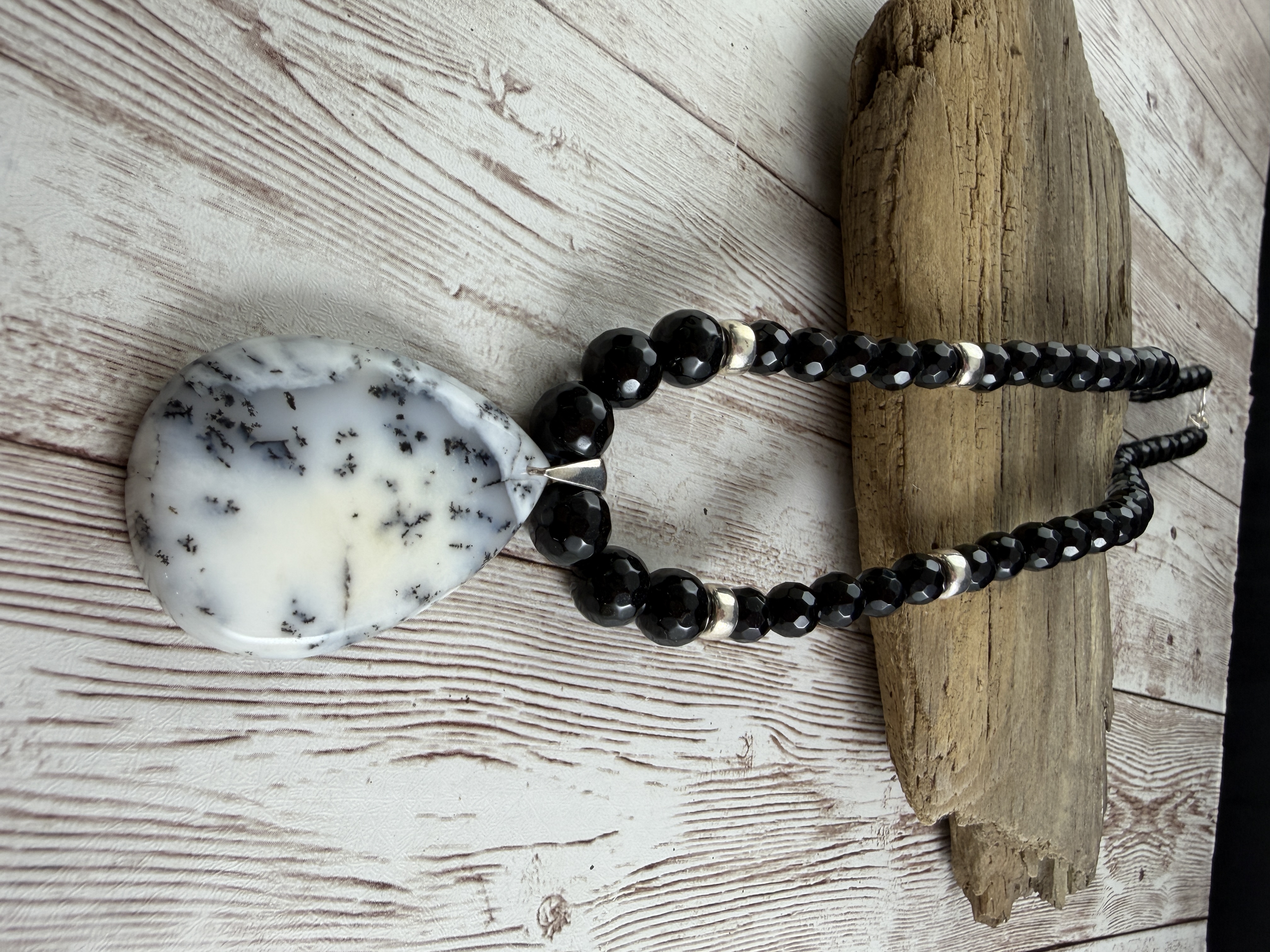 Dendritic Opal Necklace, Black Onyx Beads, Sterling Silver, 20 Inch thumbnail 7
