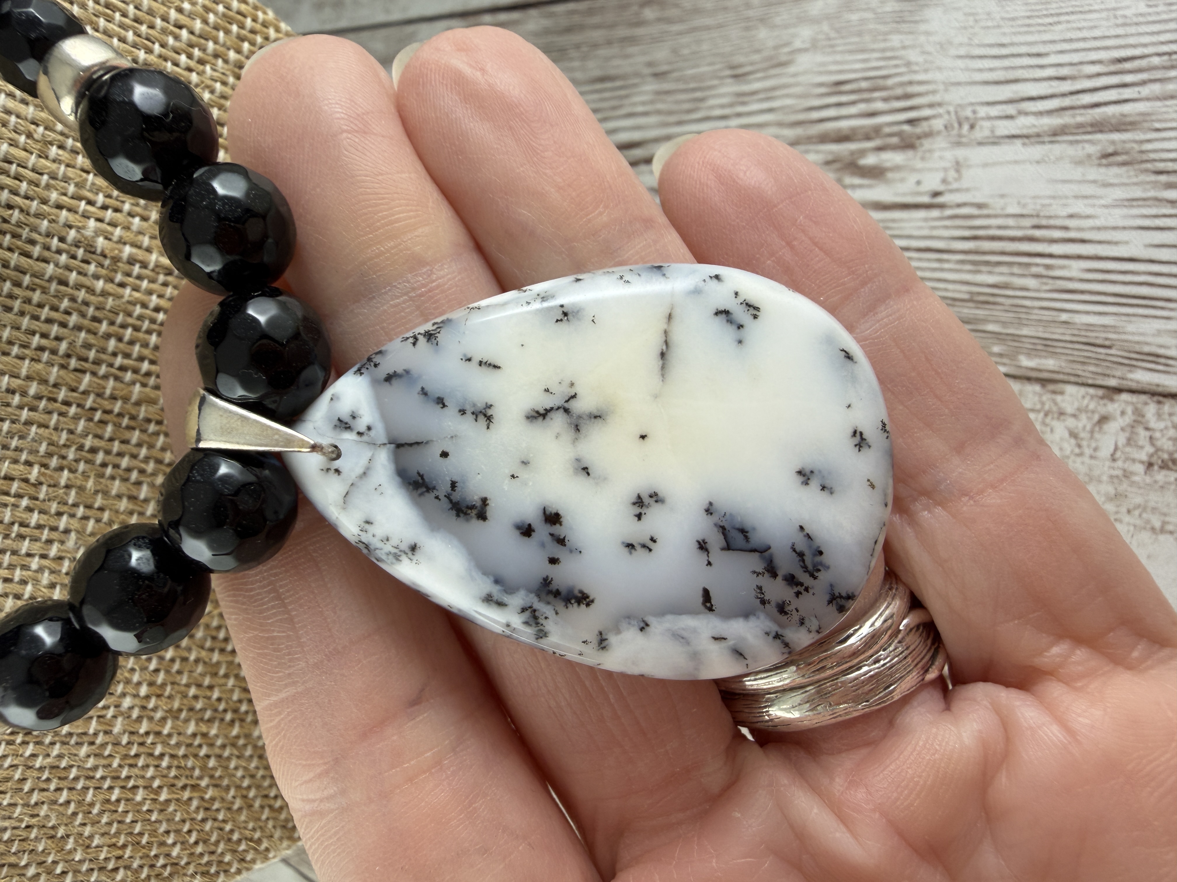 Dendritic Opal Necklace, Black Onyx Beads, Sterling Silver, 20 Inch thumbnail 3