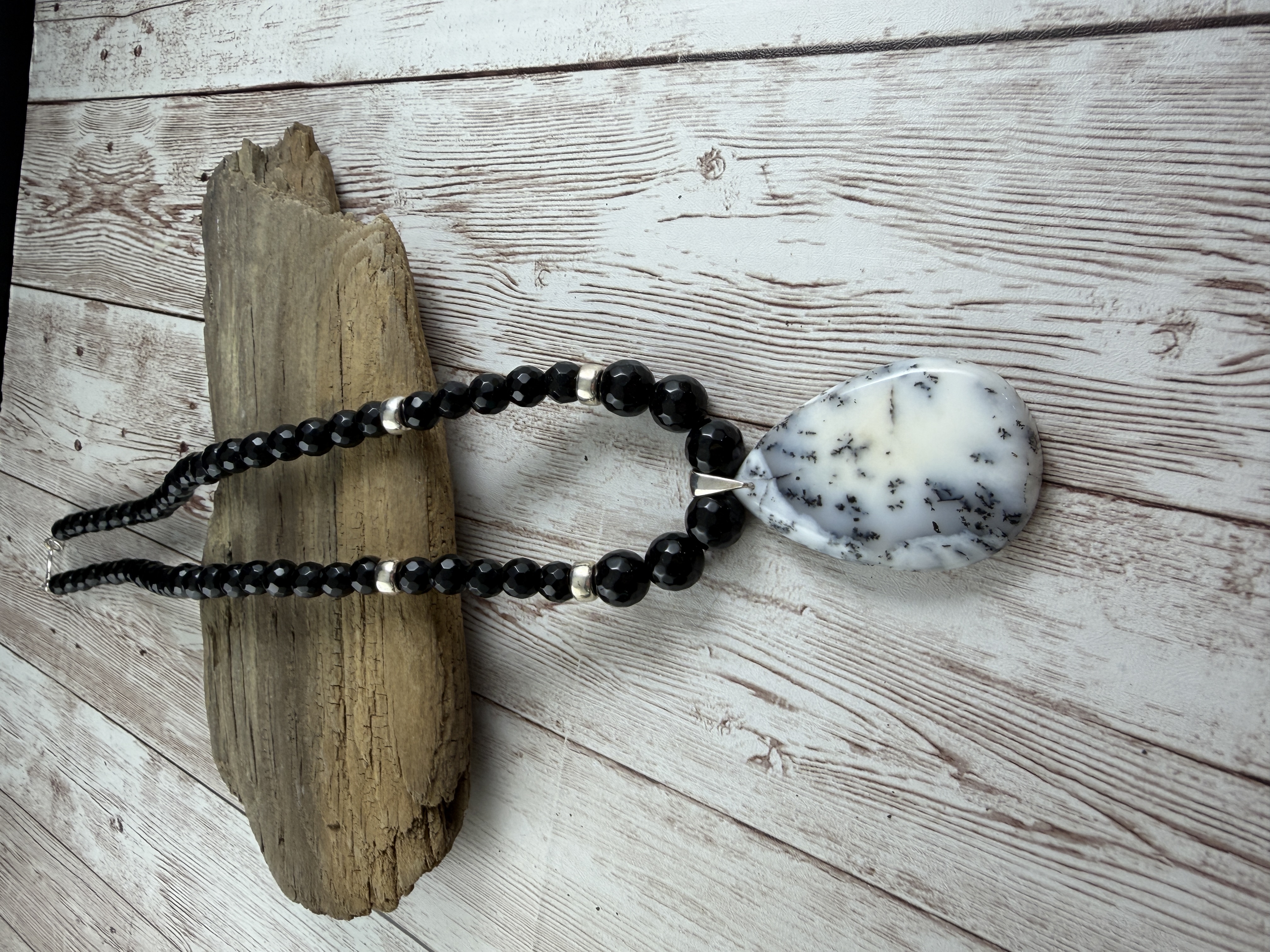 Dendritic Opal Necklace, Black Onyx Beads, Sterling Silver, 20 Inch thumbnail 6