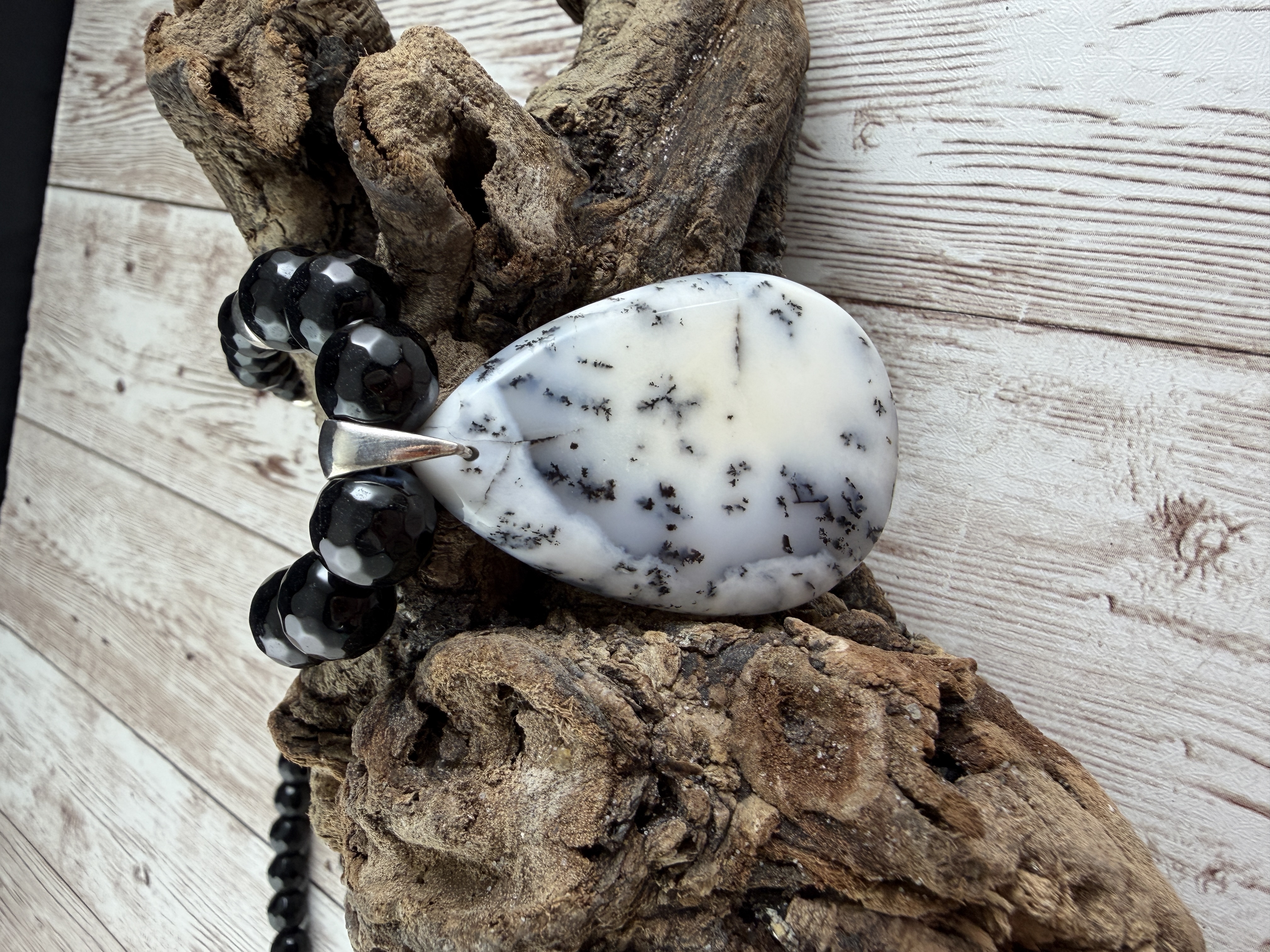 Dendritic Opal Necklace, Black Onyx Beads, Sterling Silver, 20 Inch thumbnail 5