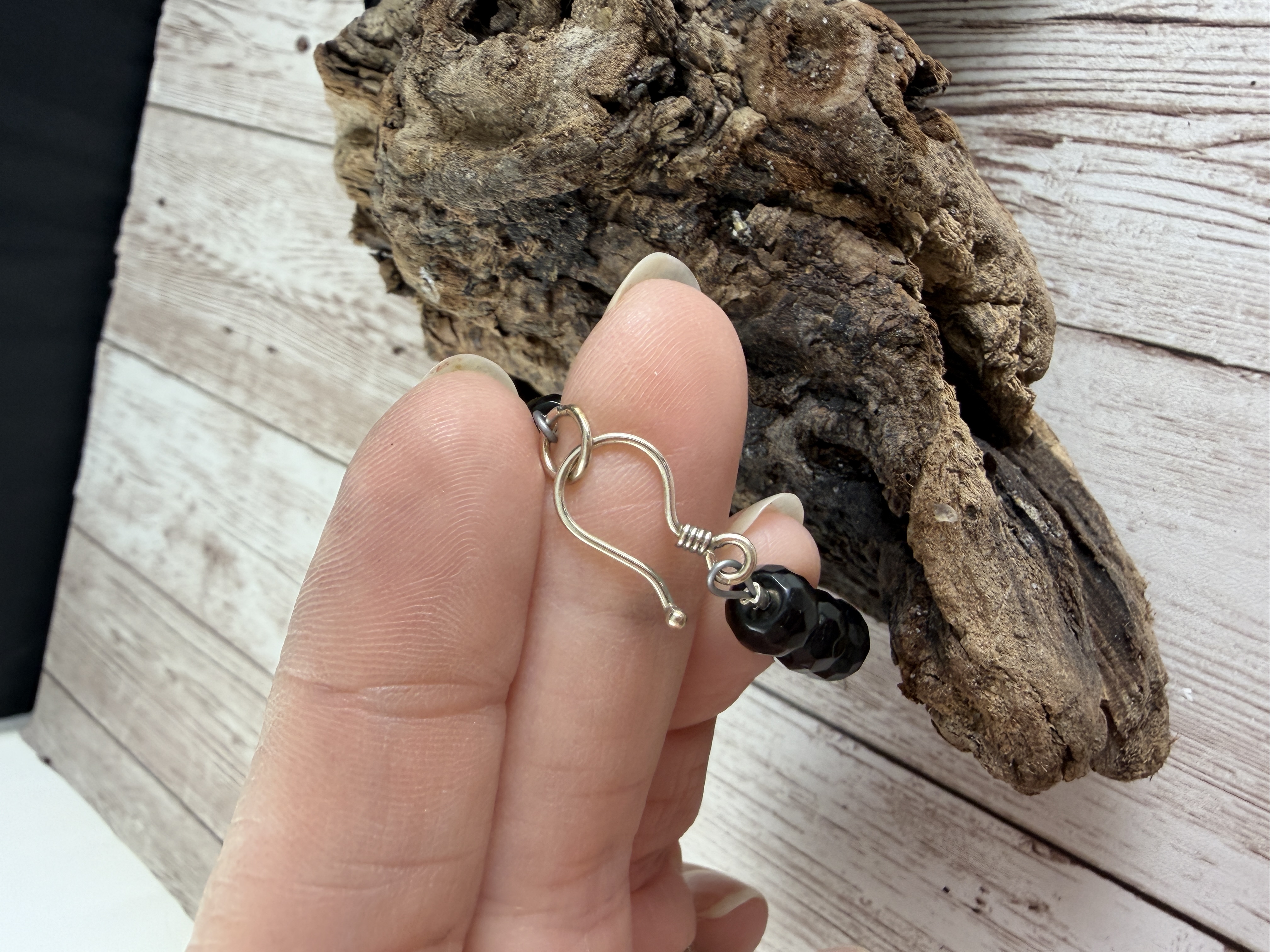 Dendritic Opal Necklace, Black Onyx Beads, Sterling Silver, 20 Inch thumbnail 4