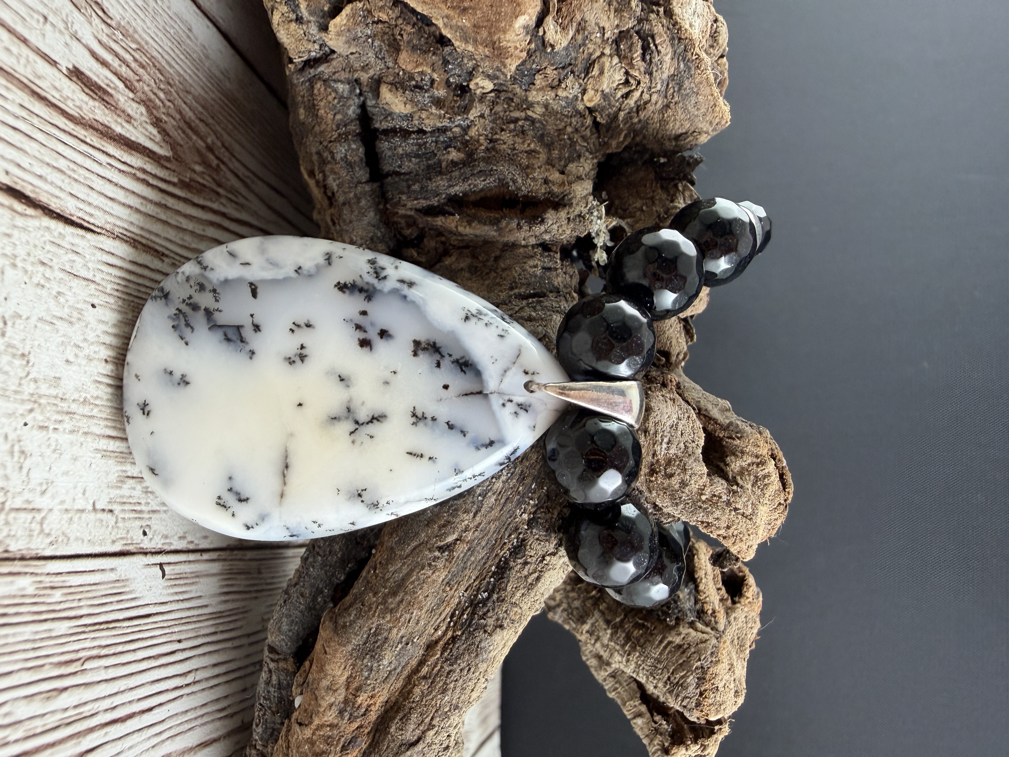 Dendritic Opal Necklace, Black Onyx Beads, Sterling Silver, 20 Inch