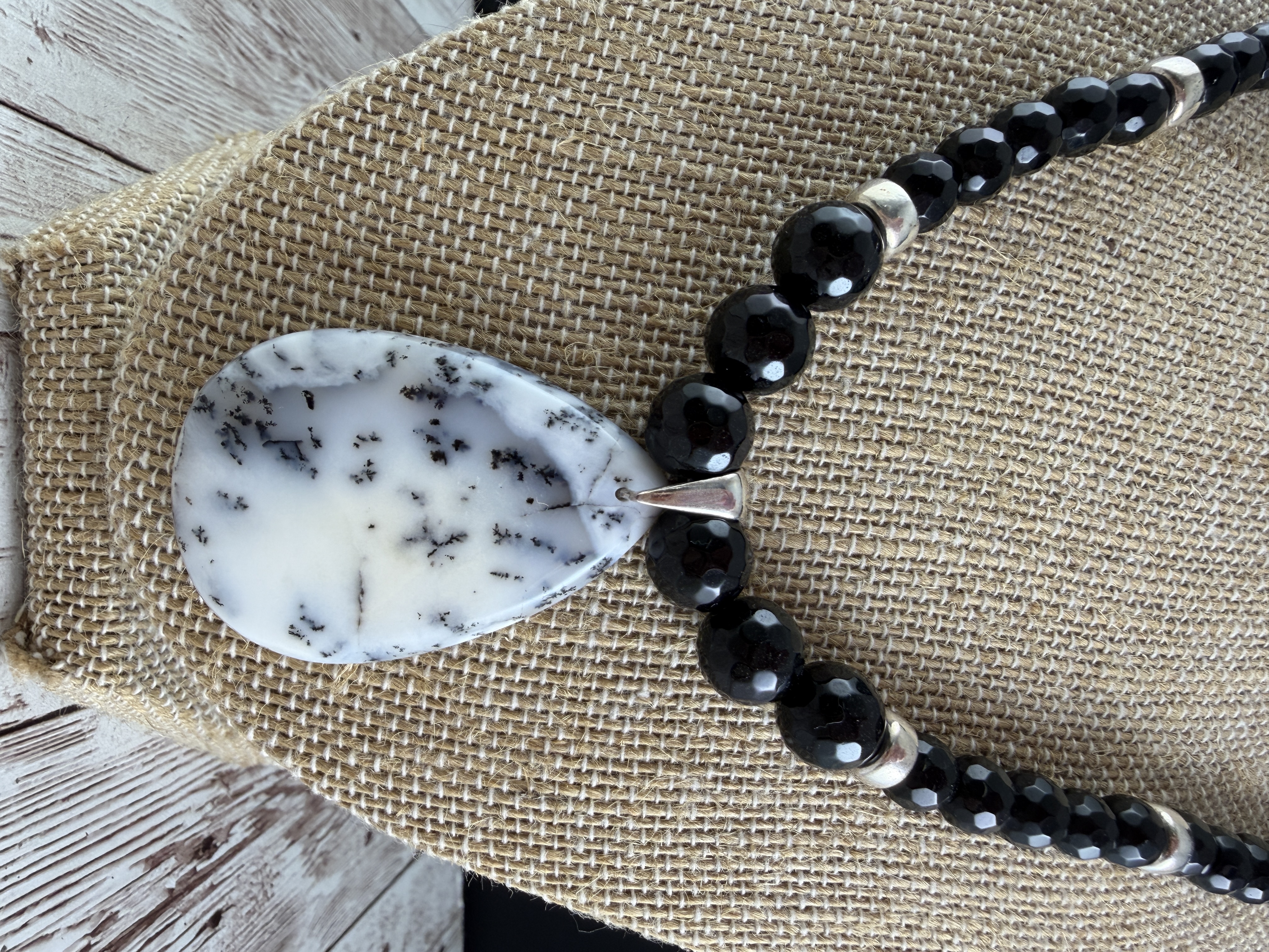 Dendritic Opal Necklace, Black Onyx Beads, Sterling Silver, 20 Inch thumbnail 2