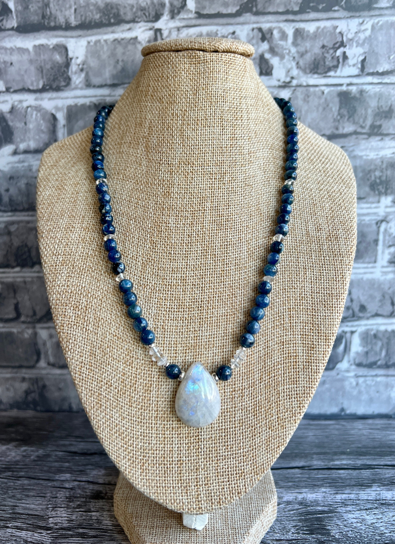 Moonstone and Kyanite Gemstone Necklace, Sterling Silver Accents thumbnail 2