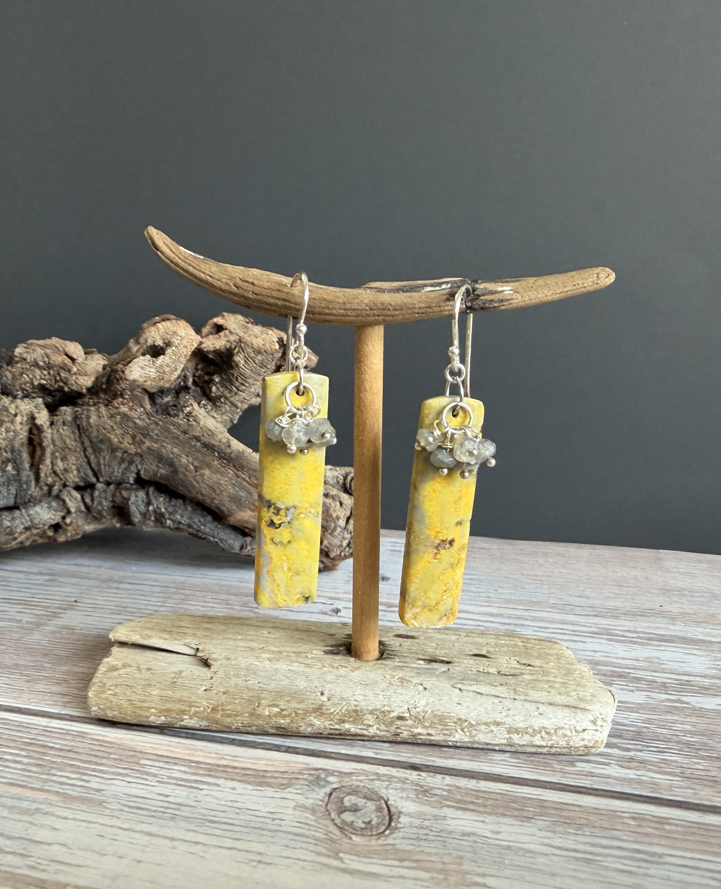 Bumblebee Jasper and Labradorite Earrings — handmade earrings by Geena Dykes at Taylor And Caroline, made with Bumblebee Jasper, Sterling Silver, Labradorite