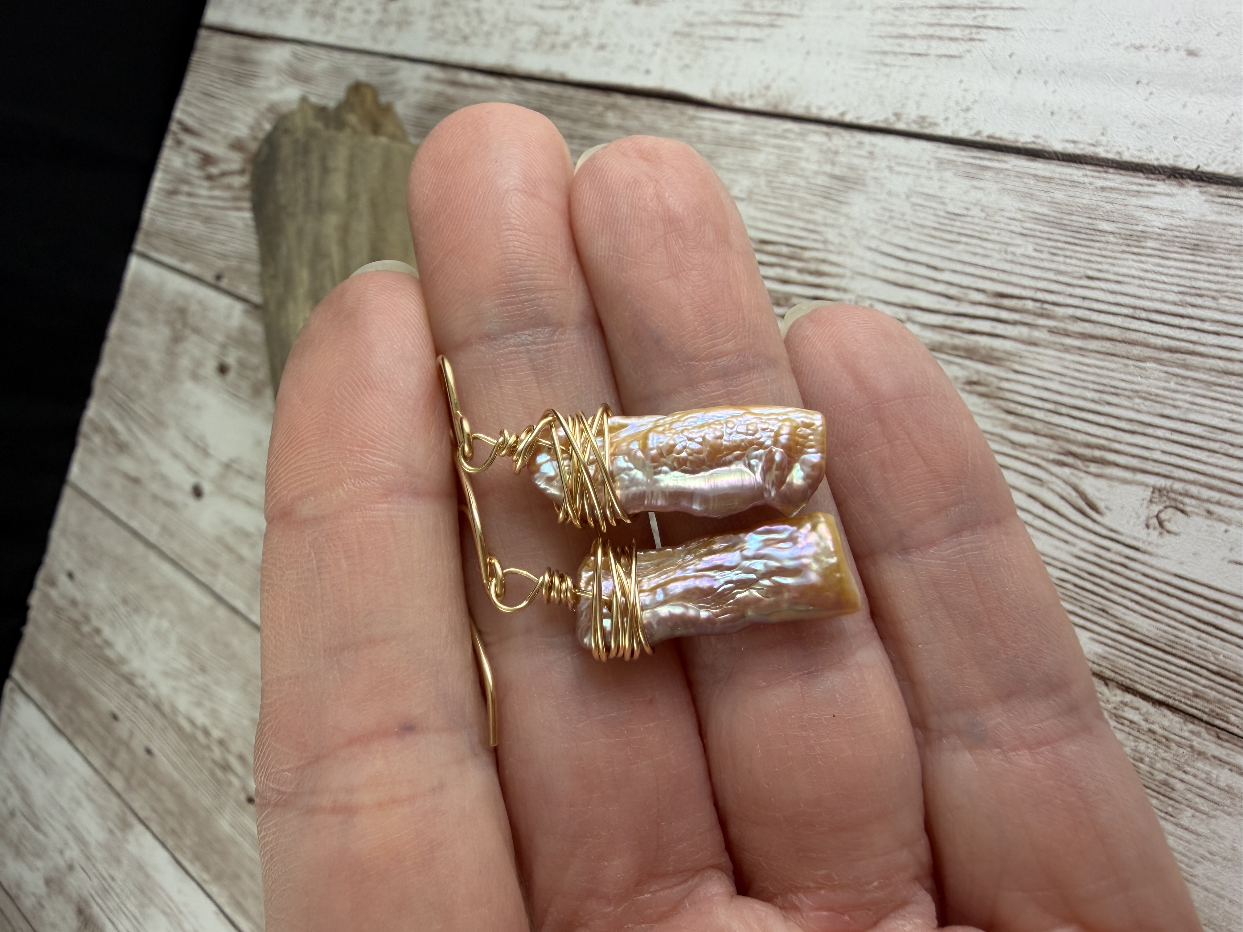 Gold Wire Wrapped Pink Baroque Pearl Earrings, 14kt Gold Fill thumbnail 6