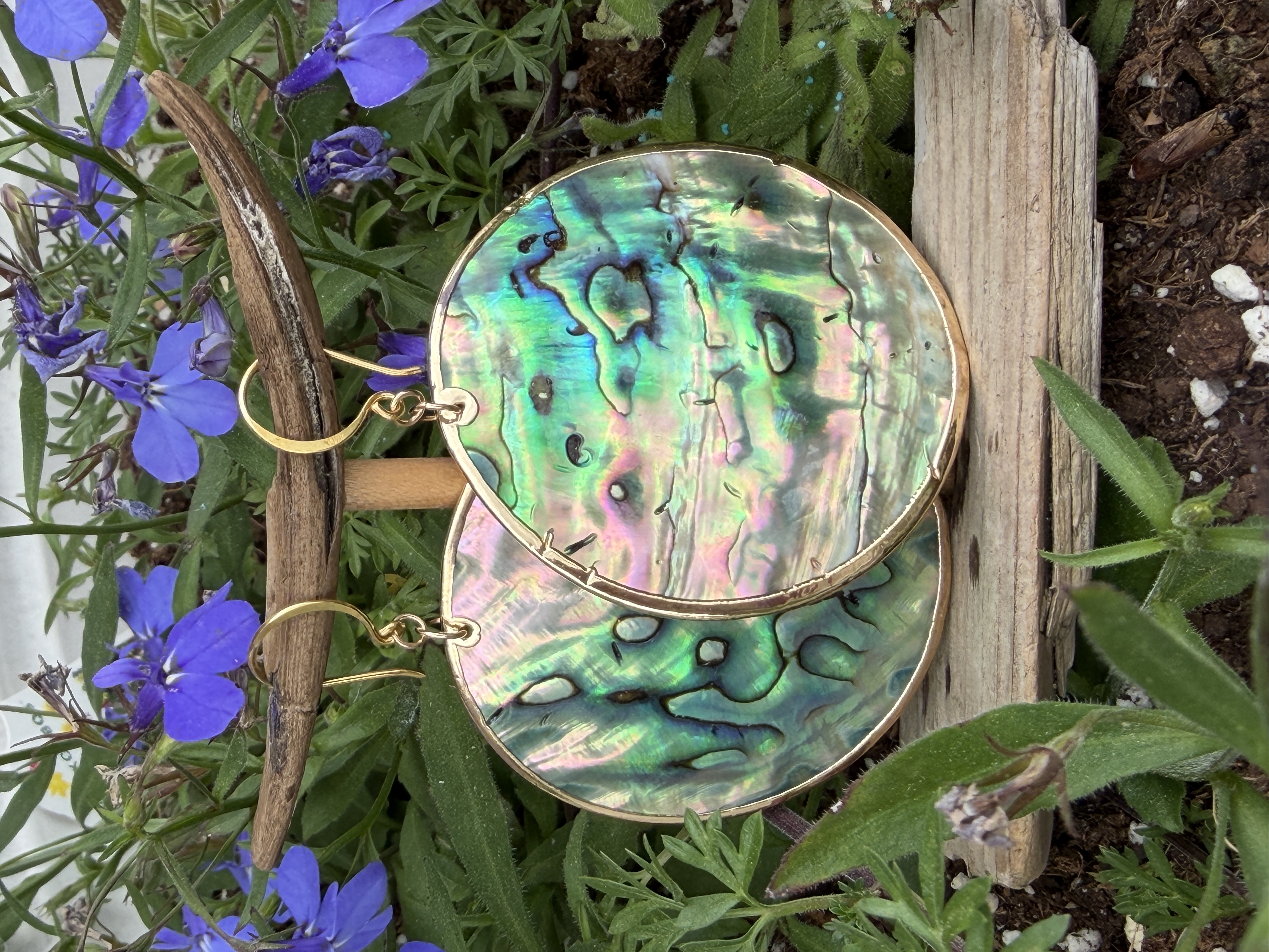 Large Gold Rimmed Abalone Earrings No. 1 — Handmade by Geena Dykes at Taylor And Caroline