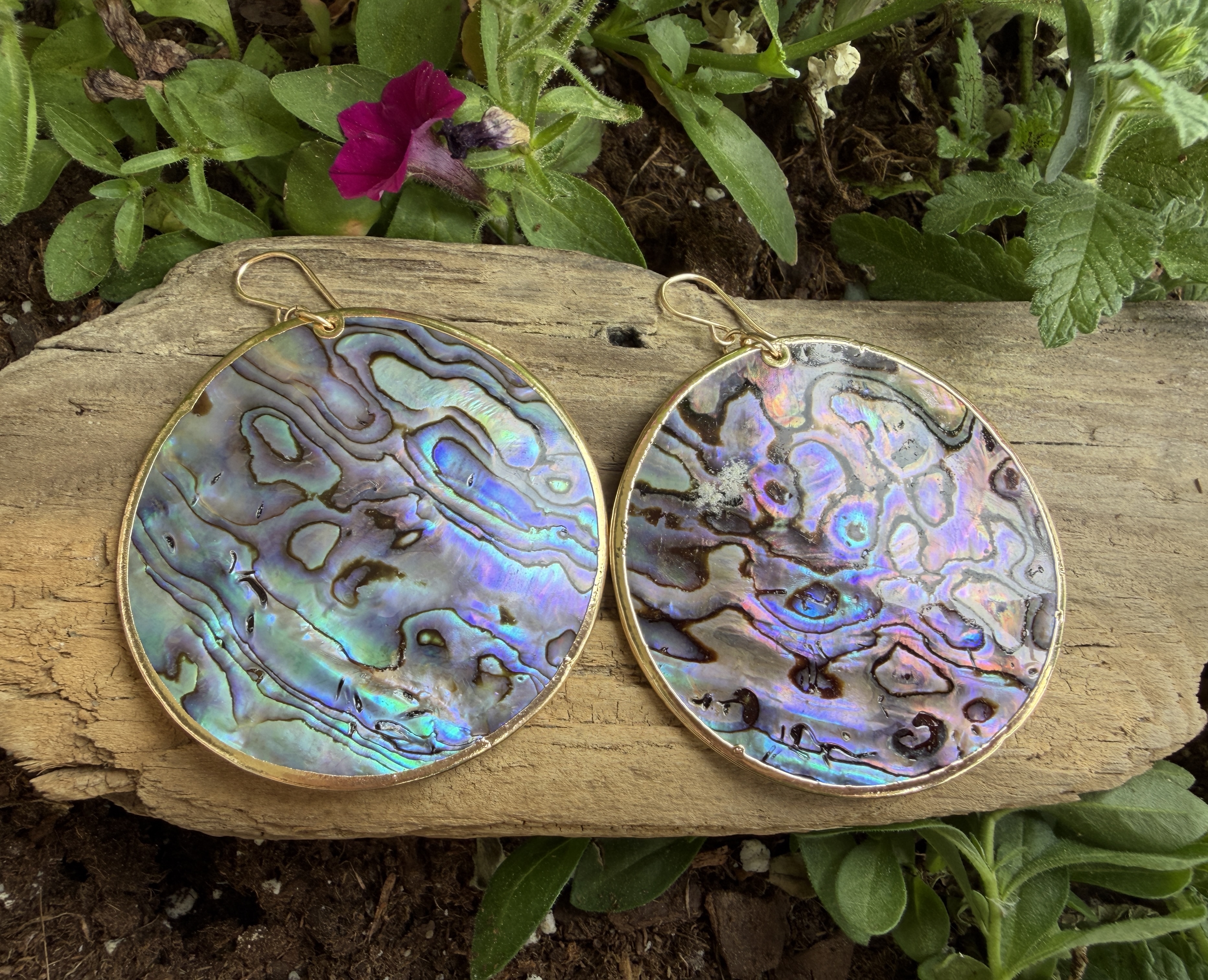 Large Gold Rimmed Abalone Earrings No. 2 — handmade earrings by Geena Dykes at Taylor And Caroline, made with Abalone, Gold Vermeil