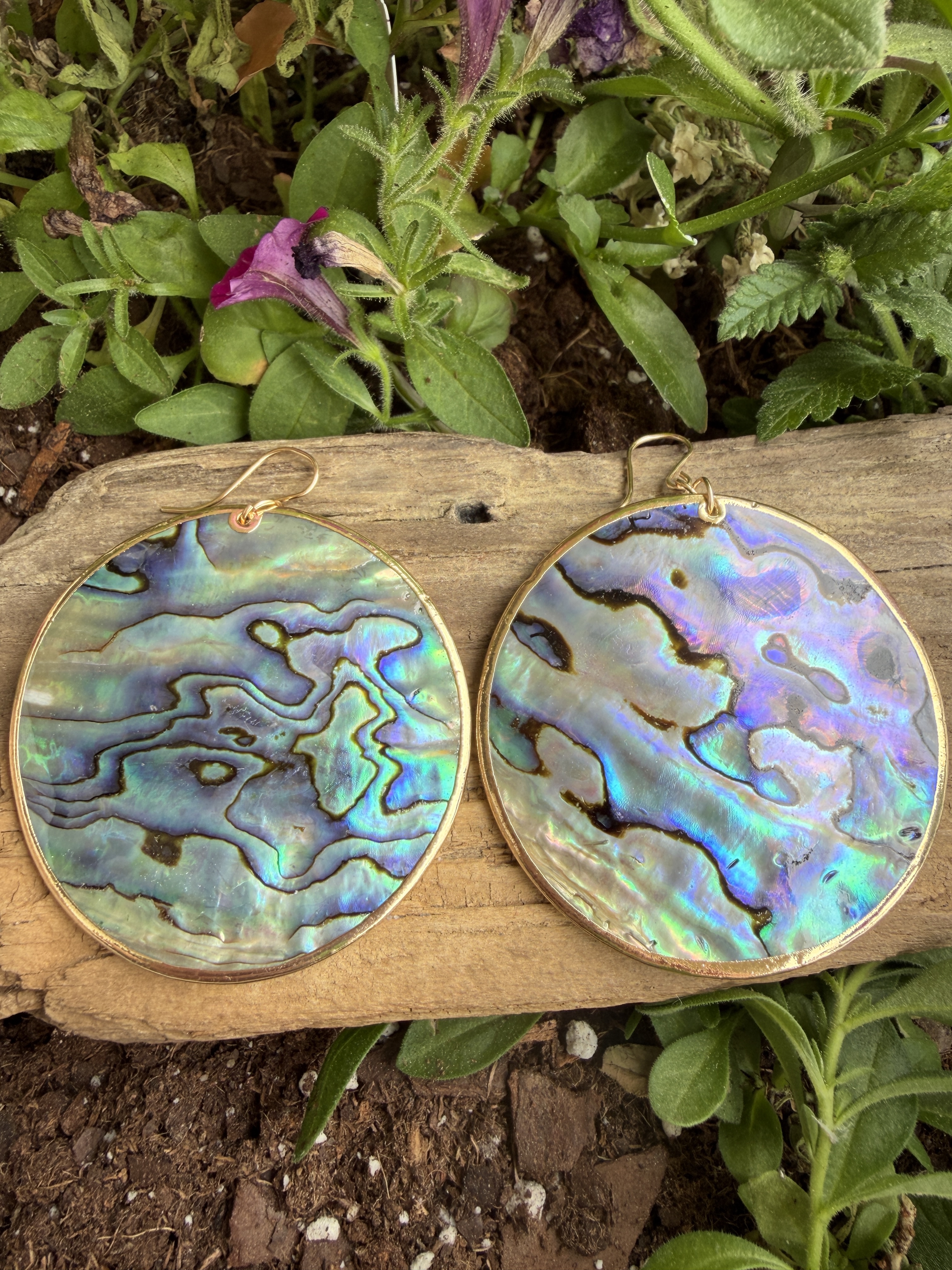 Large Gold Rimmed Abalone Earrings No. 3 — handmade earrings by Geena Dykes at Taylor And Caroline, made with Abalone, Gold Vermeil