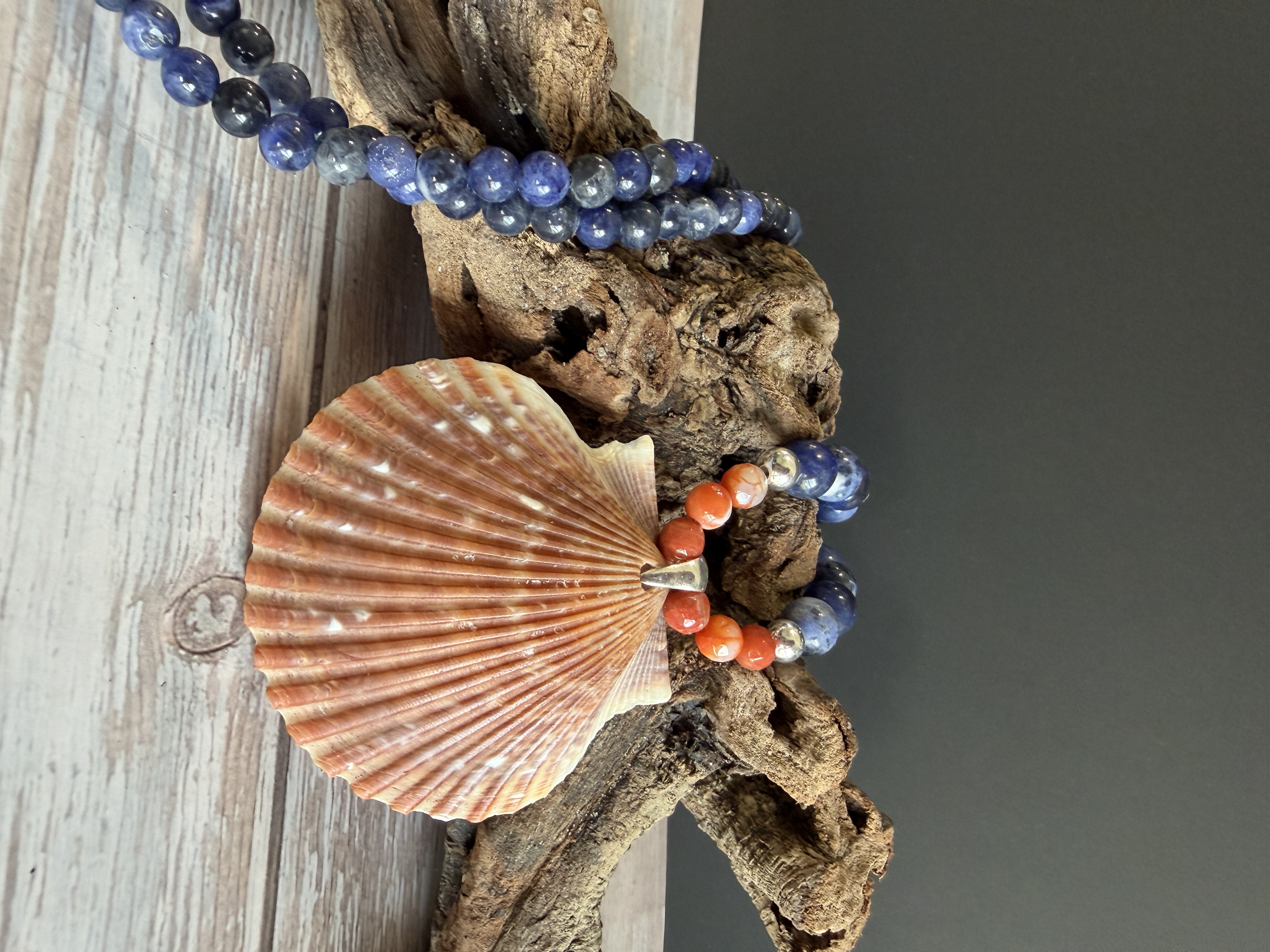 Sodalite and Carnelian Necklace with Shell Pendant — Handmade by Geena Dykes at Taylor And Caroline