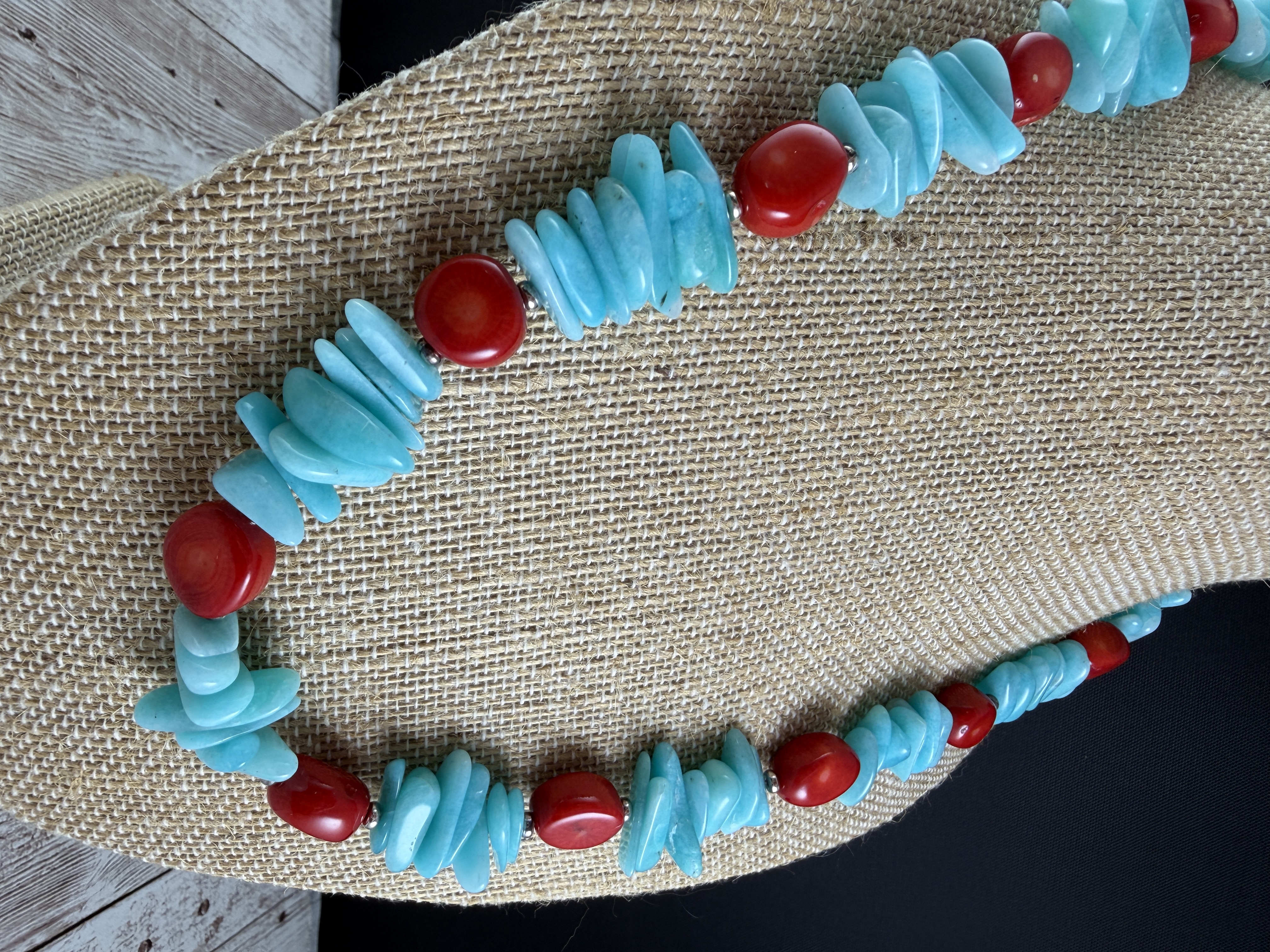 Amazonite and Coral 20-inch Necklace, Sterling Silver Clasp thumbnail 3