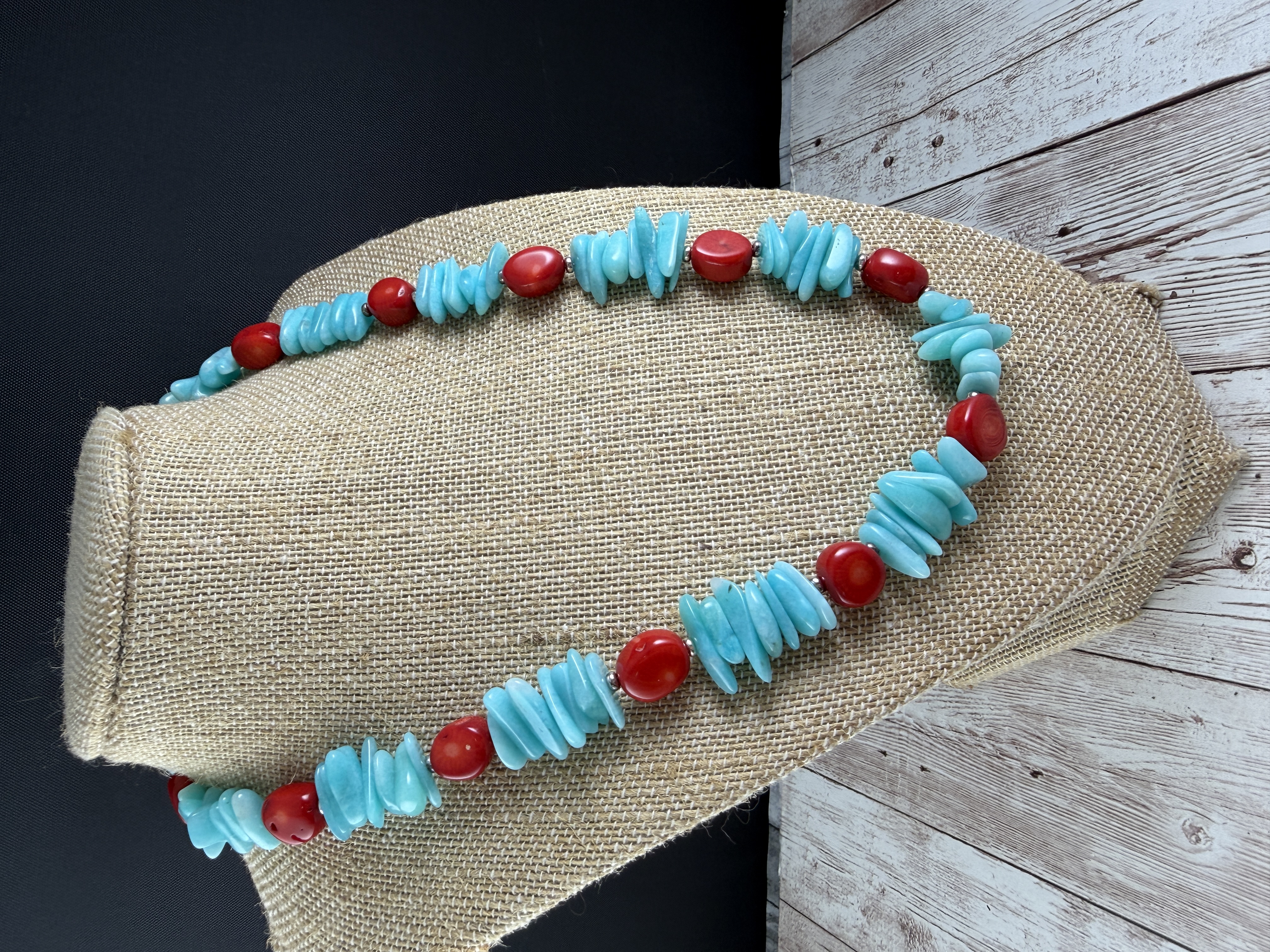 Amazonite and Coral 20-inch Necklace, Sterling Silver Clasp thumbnail 2