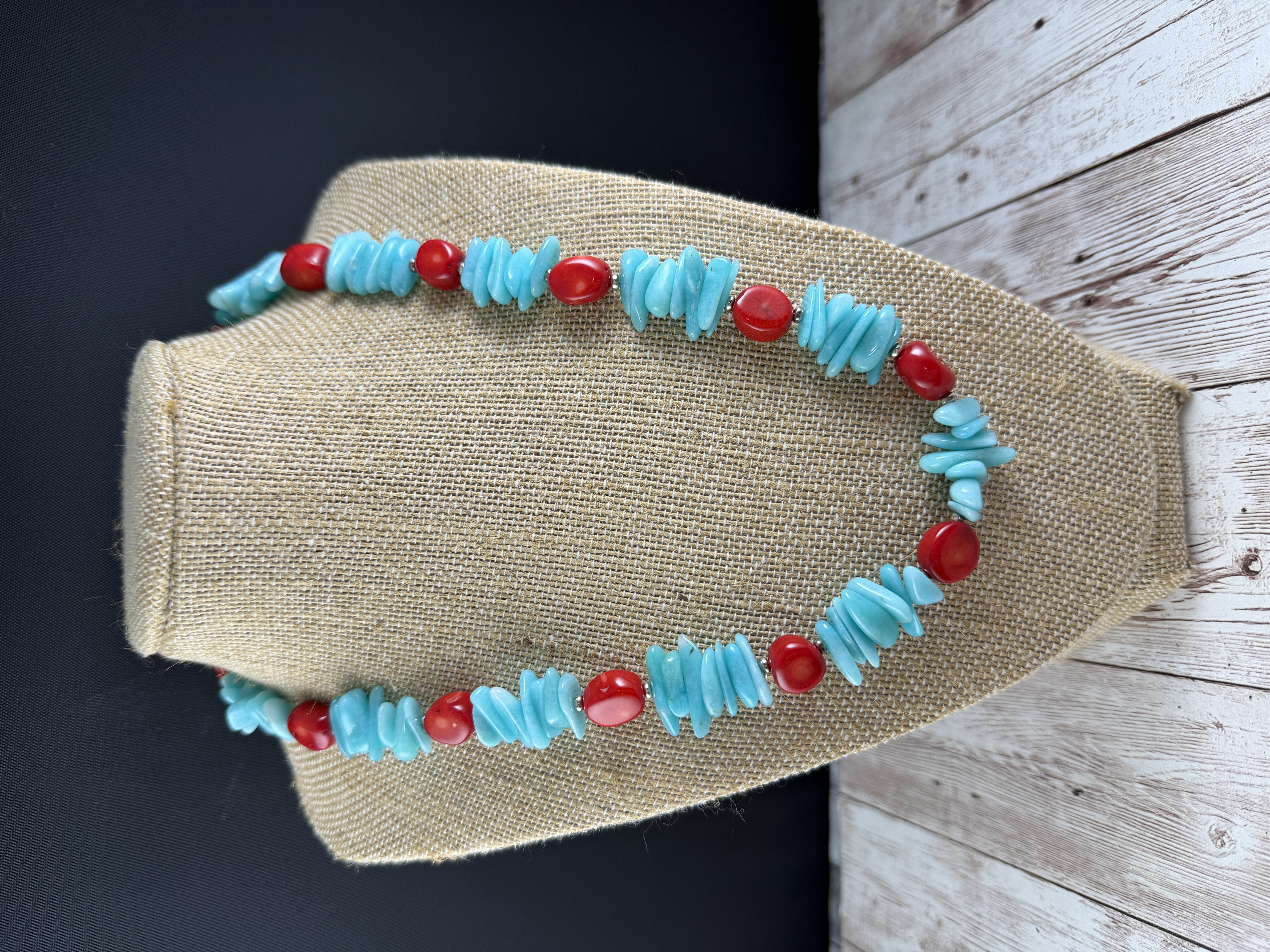 Amazonite and Coral 20-inch Necklace, Sterling Silver Clasp