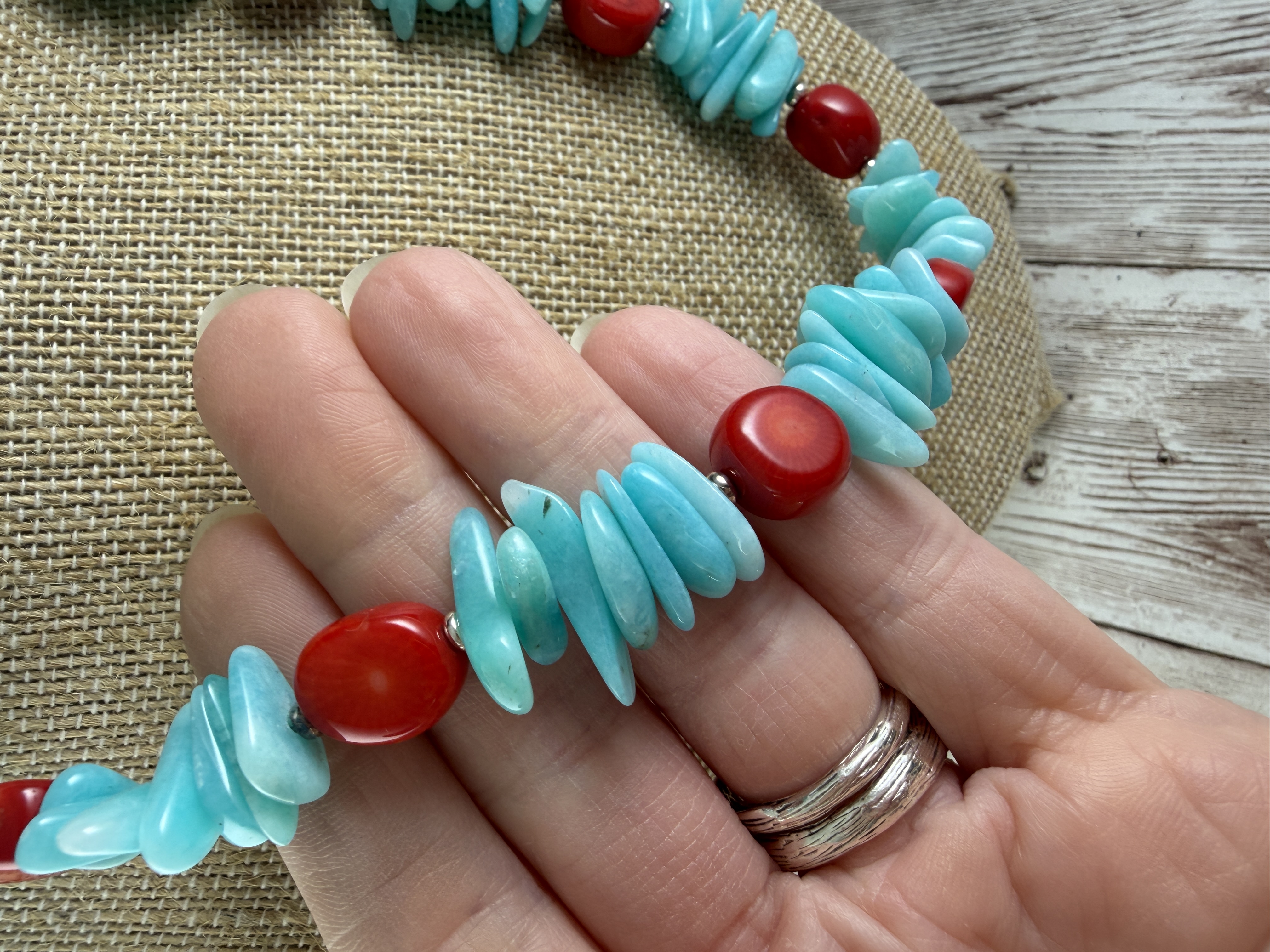 Amazonite and Coral 20-inch Necklace, Sterling Silver Clasp thumbnail 4