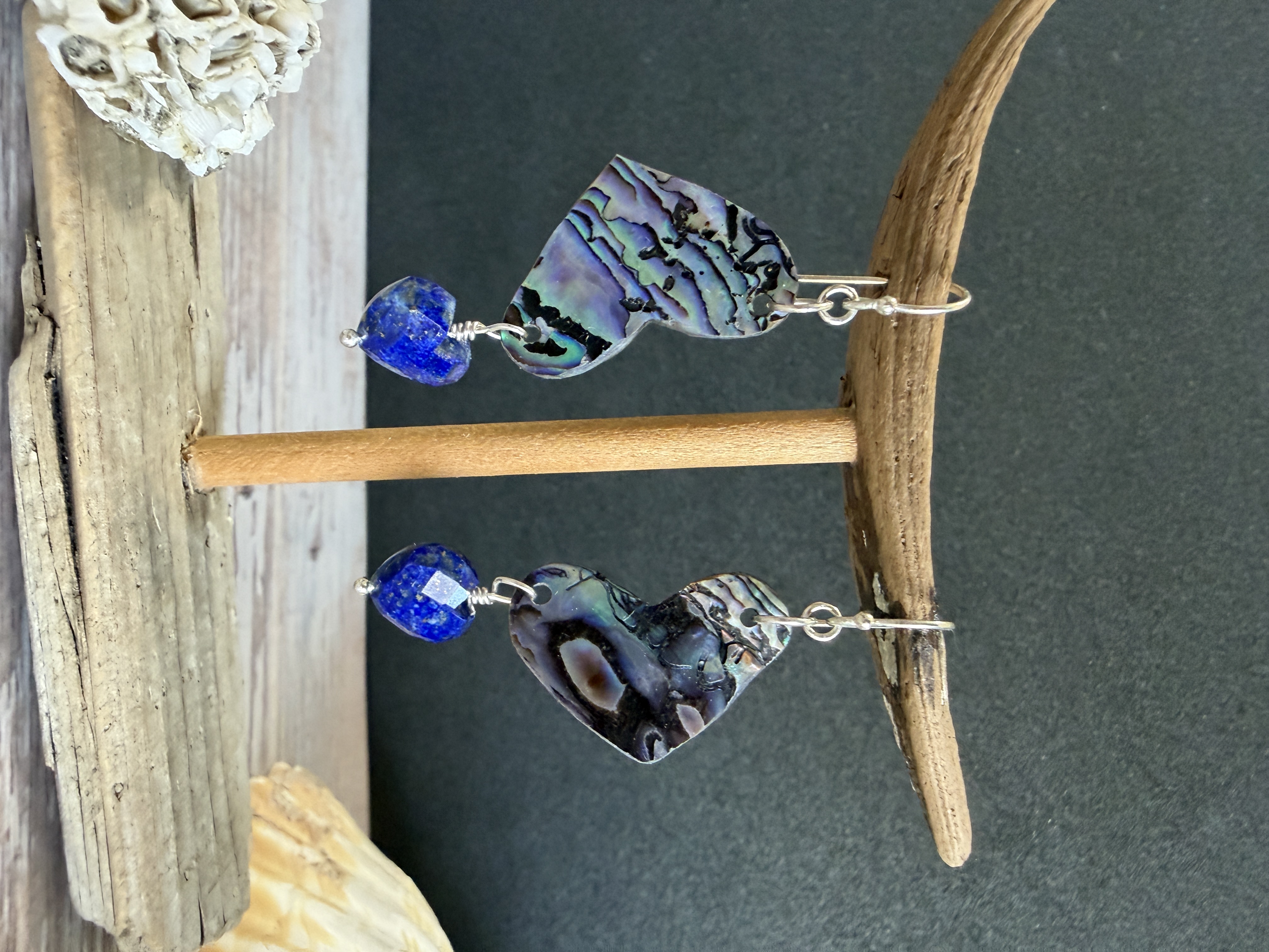 Abalone Heart Earrings with Lapis Lazuli