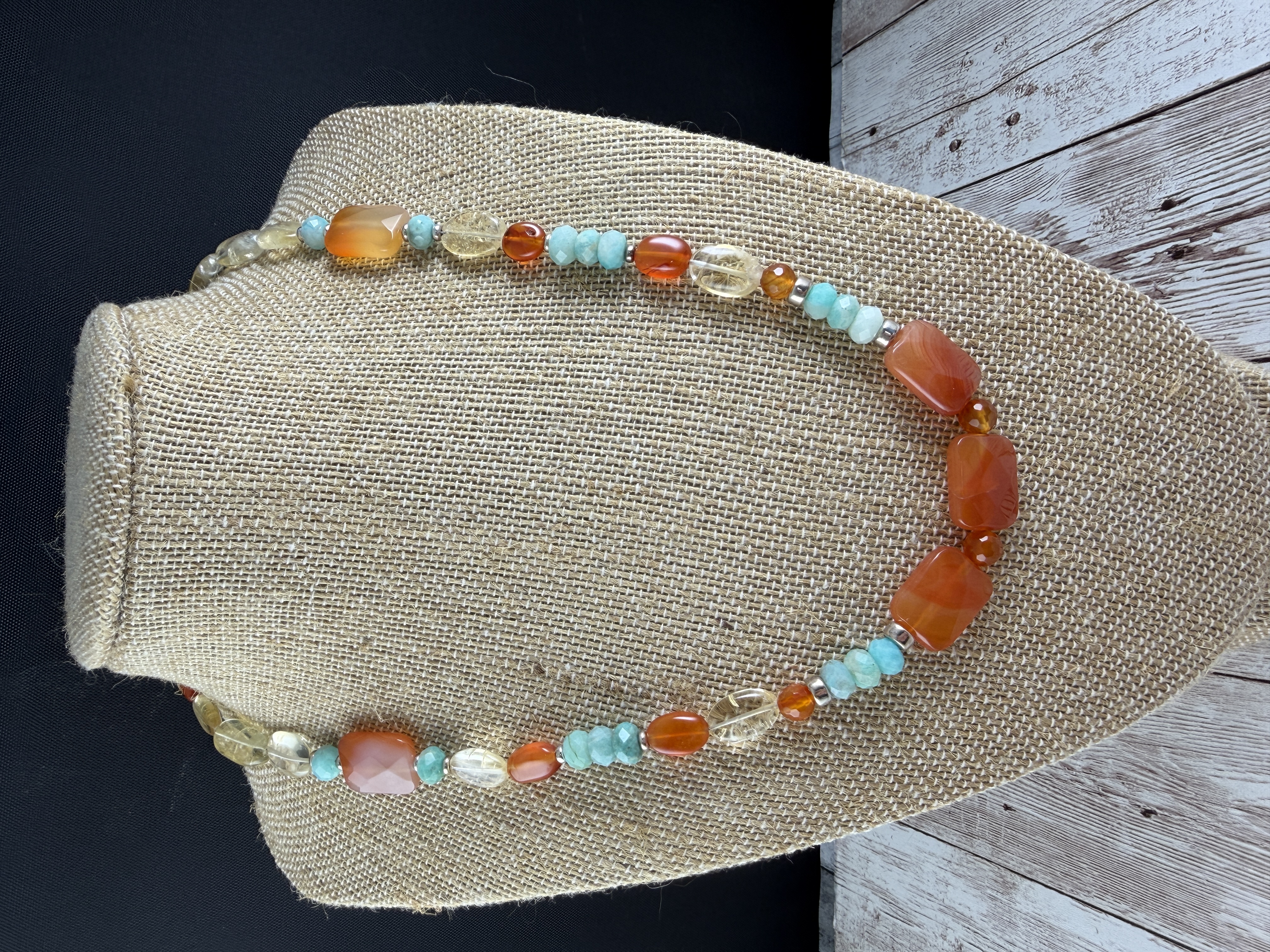Handmade Gemstone Necklace, Carnelian, Citrine and Amazonite, Sterling Silver