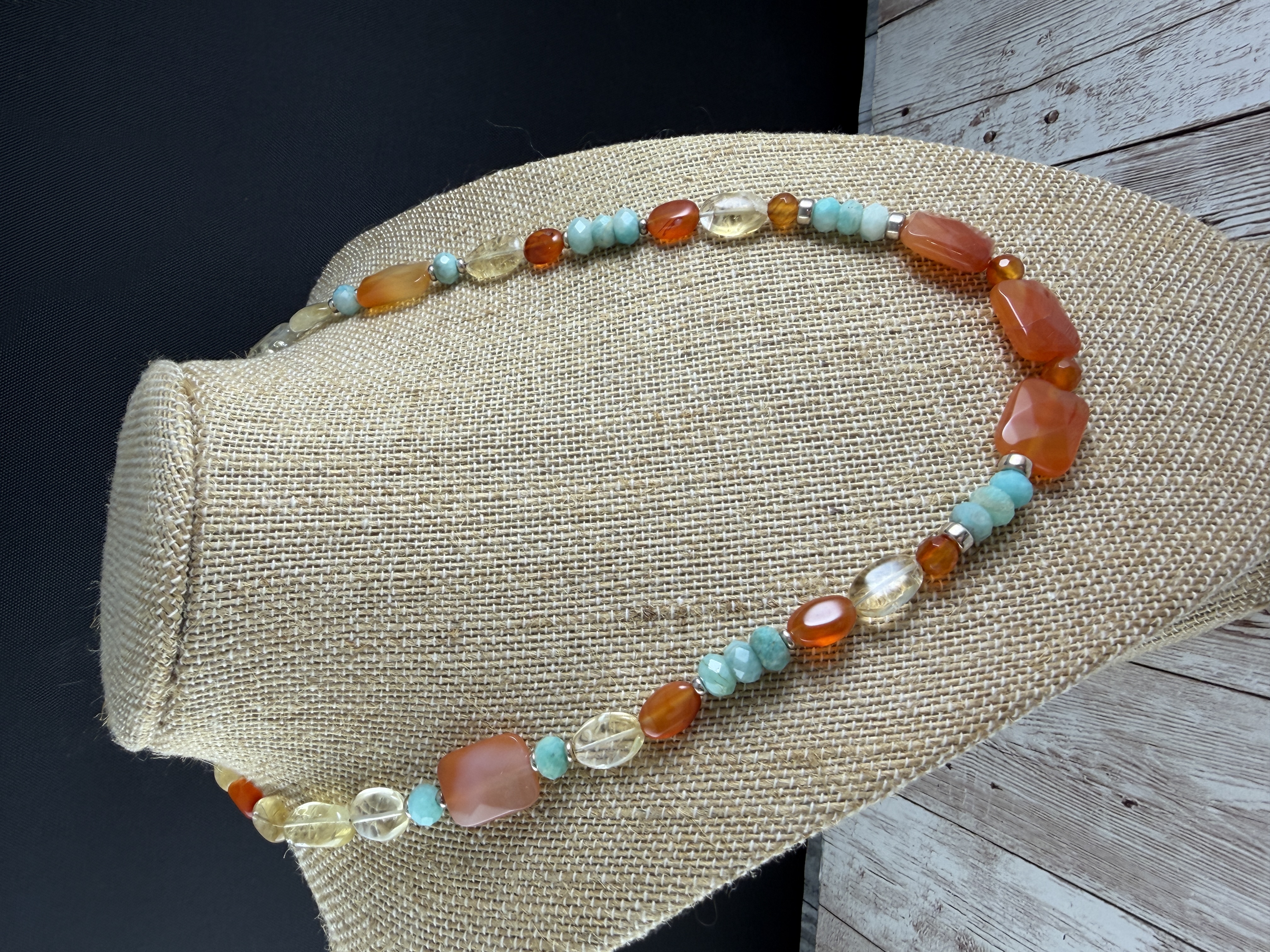 Handmade Gemstone Necklace, Carnelian, Citrine and Amazonite, Sterling Silver thumbnail 2