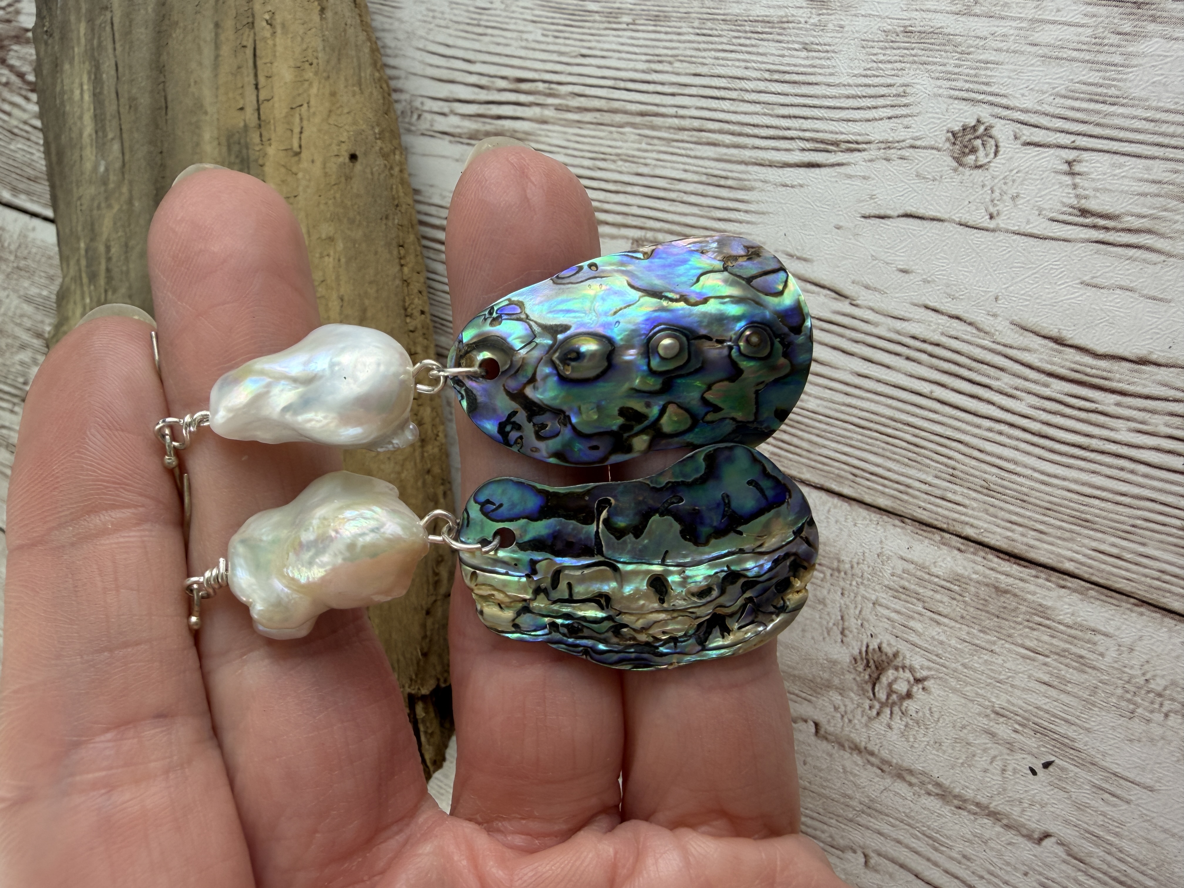 Abalone & Baroque Pearl Sterling Silver Earrings: Coastal Glam thumbnail 4