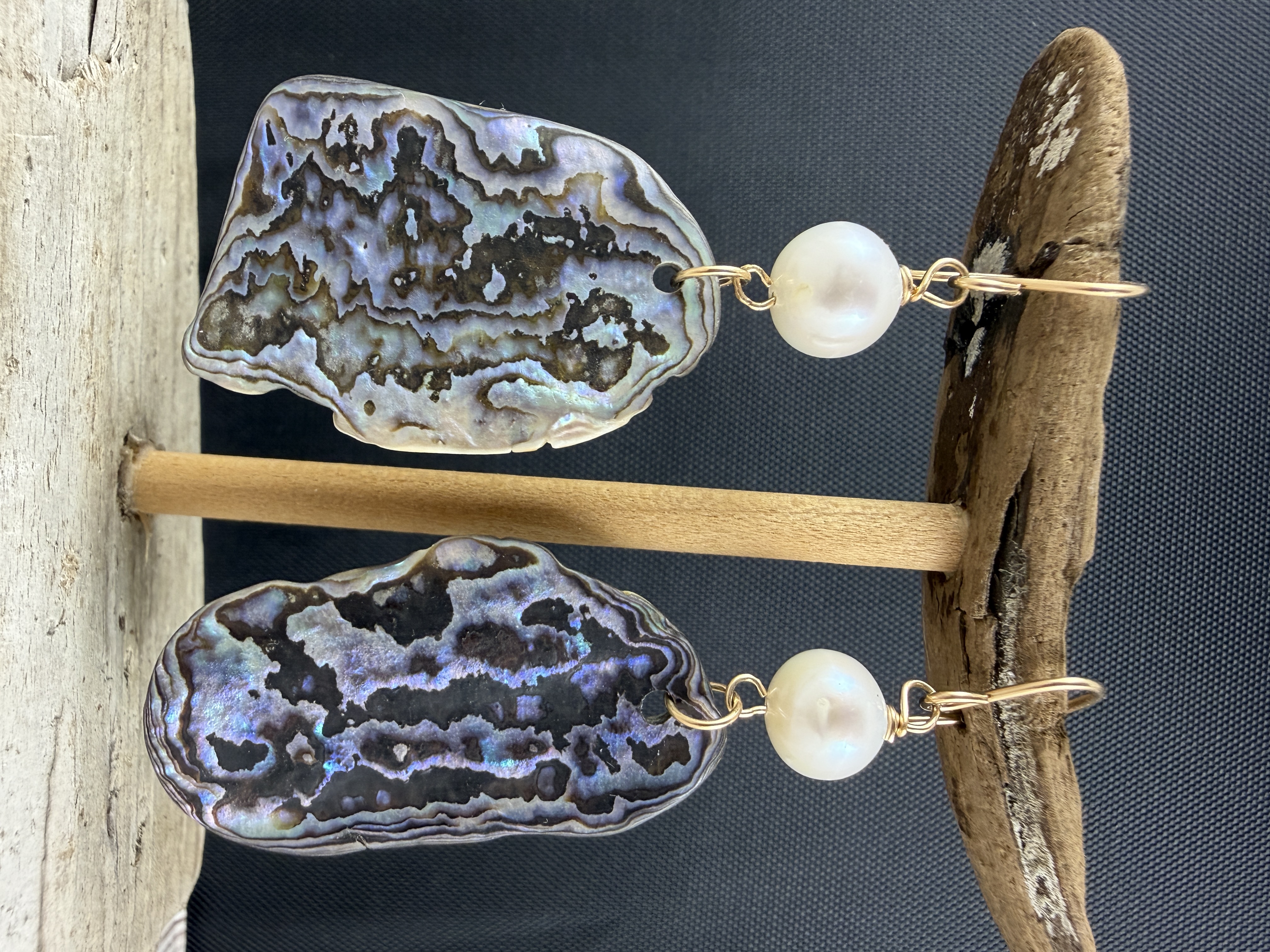 Abalone & Pearl Dangle Earrings: Gold Vermeil, Naturally Shaped Shell thumbnail 2