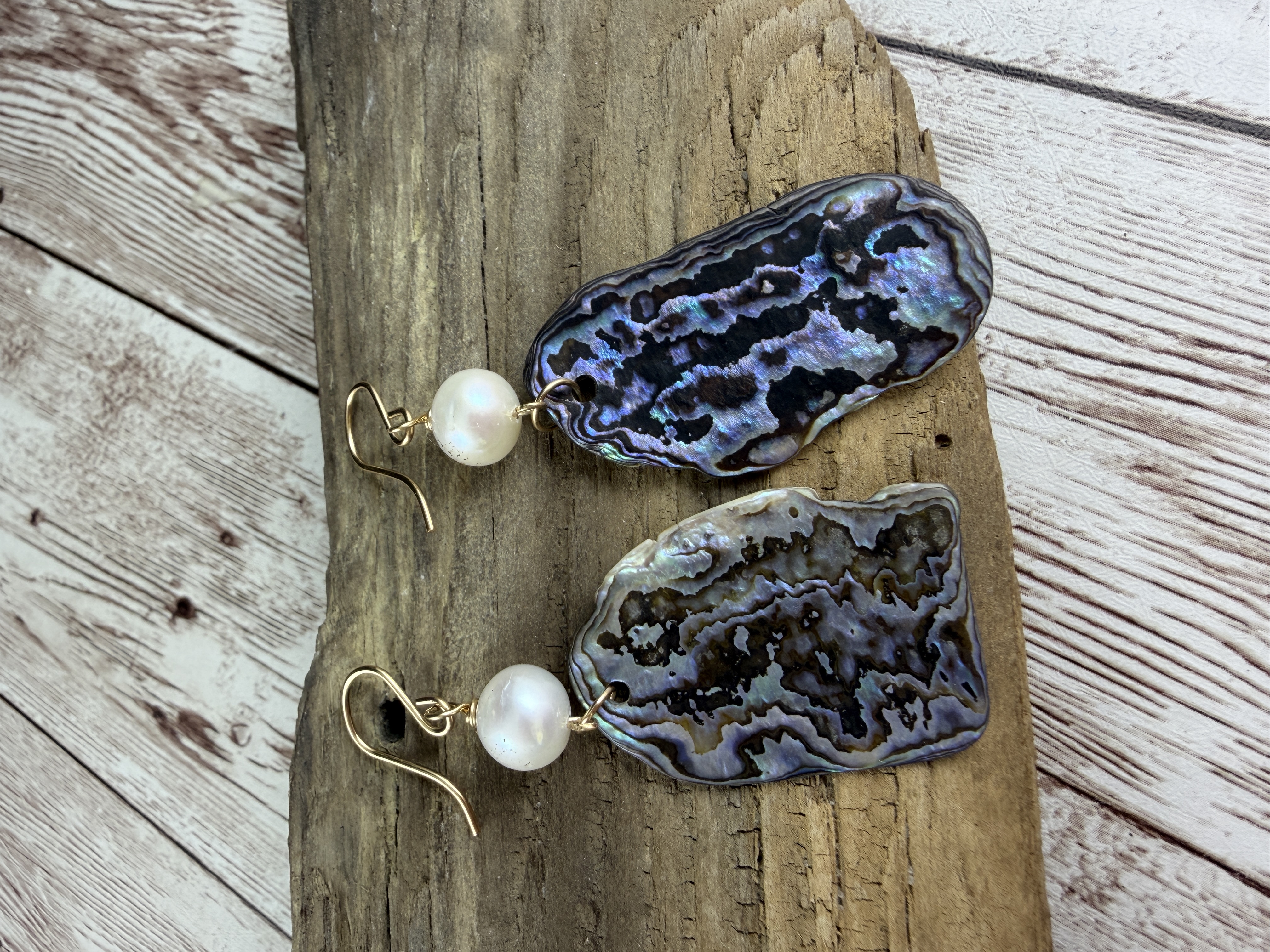 Abalone & Pearl Dangle Earrings: Gold Vermeil, Naturally Shaped Shell thumbnail 3