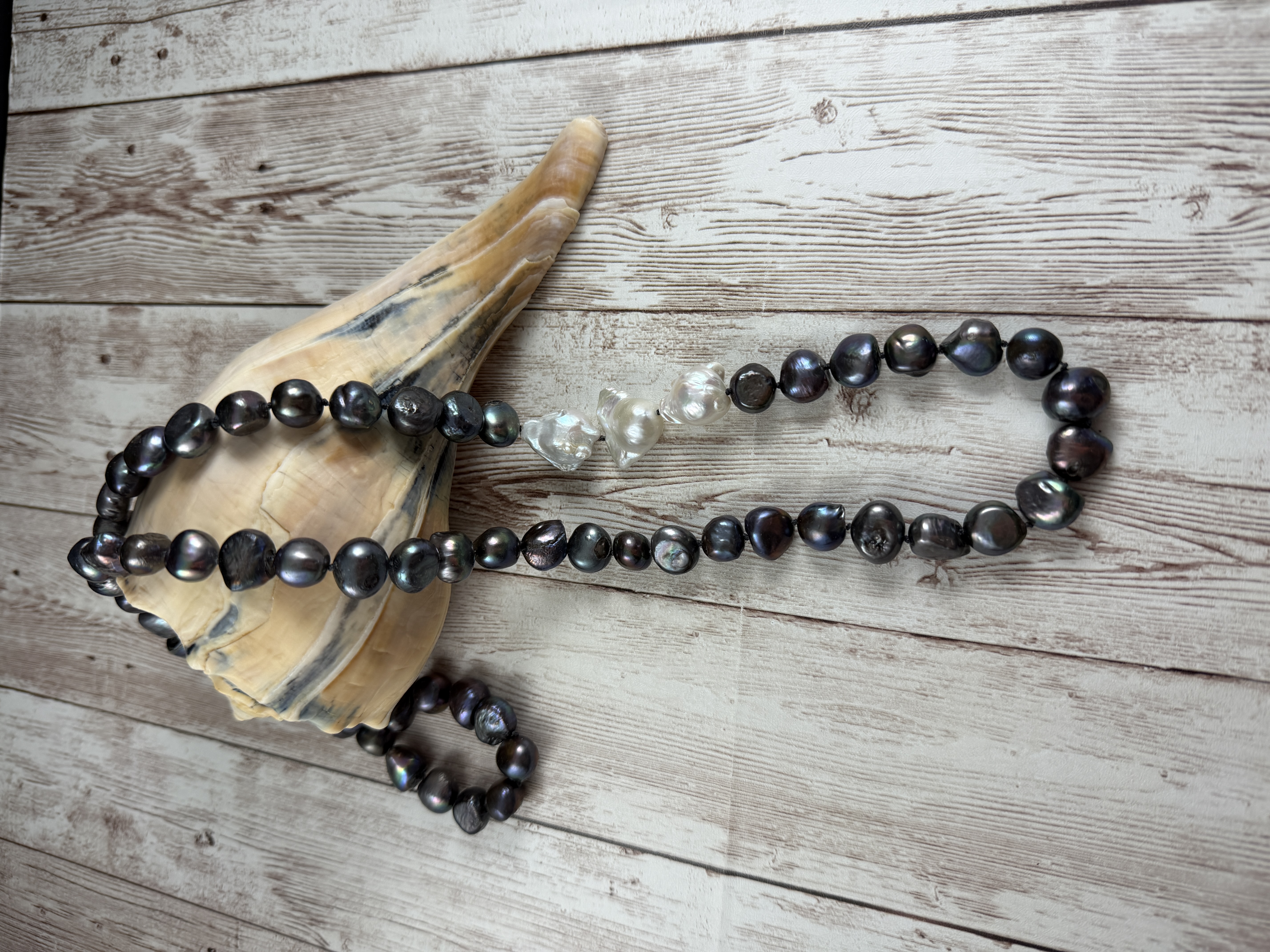 Hand Knotted Peacock Pearl Necklace With Baroque Pearl Accents. thumbnail 5