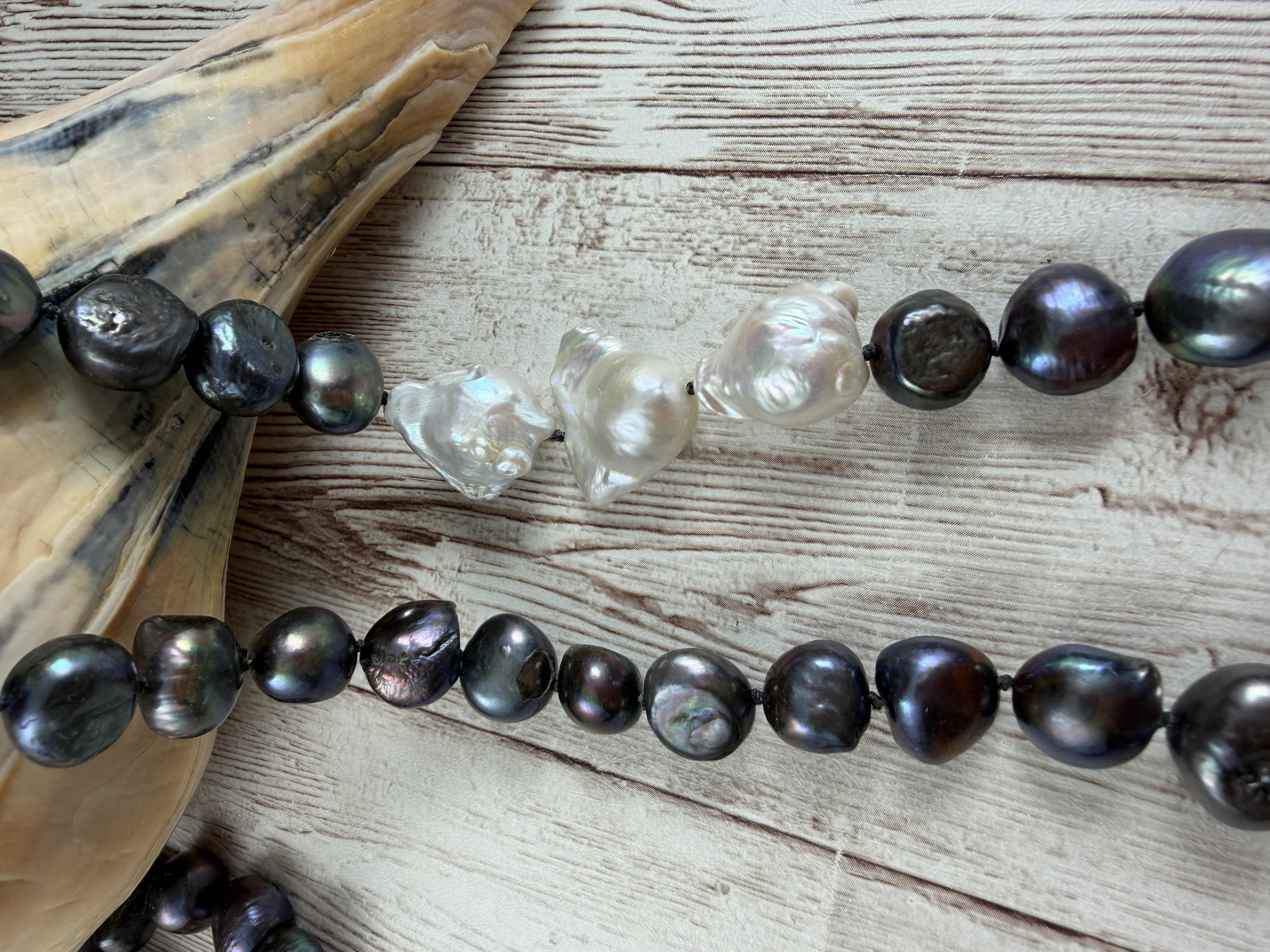 Hand Knotted Peacock Pearl Necklace With Baroque Pearl Accents. thumbnail 6