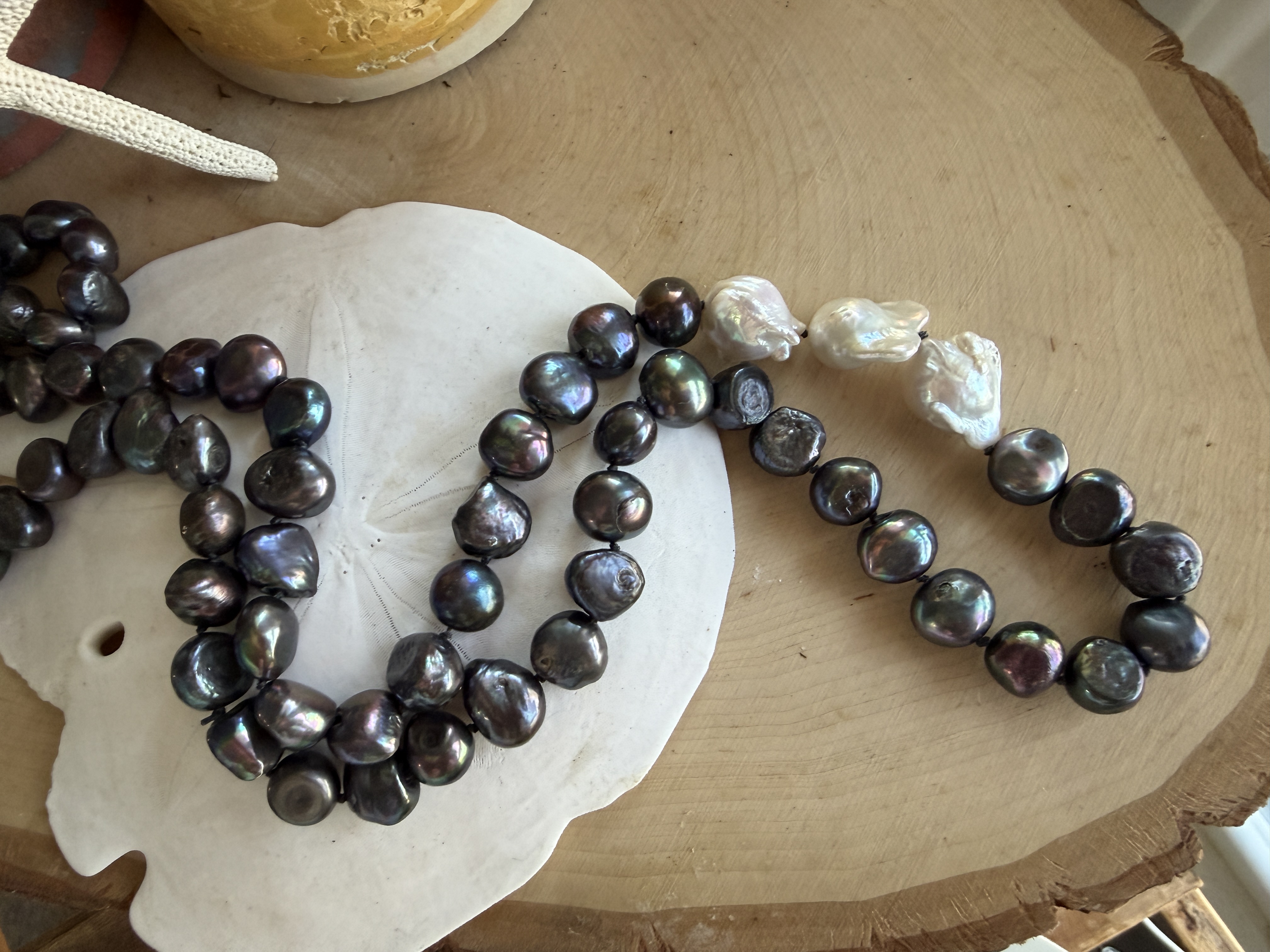 Hand Knotted Peacock Pearl Necklace With Baroque Pearl Accents. thumbnail 7