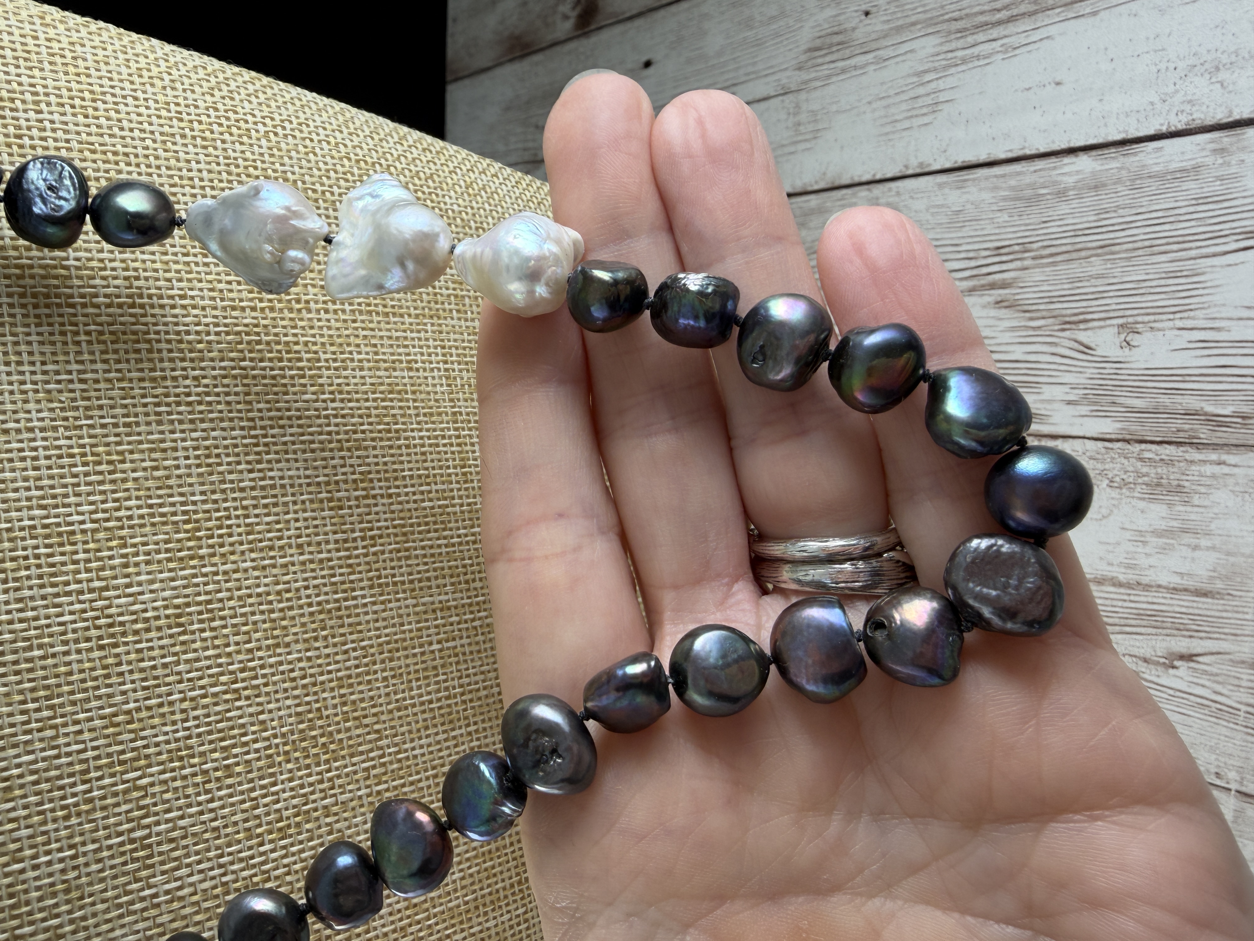 Hand Knotted Peacock Pearl Necklace With Baroque Pearl Accents. thumbnail 4