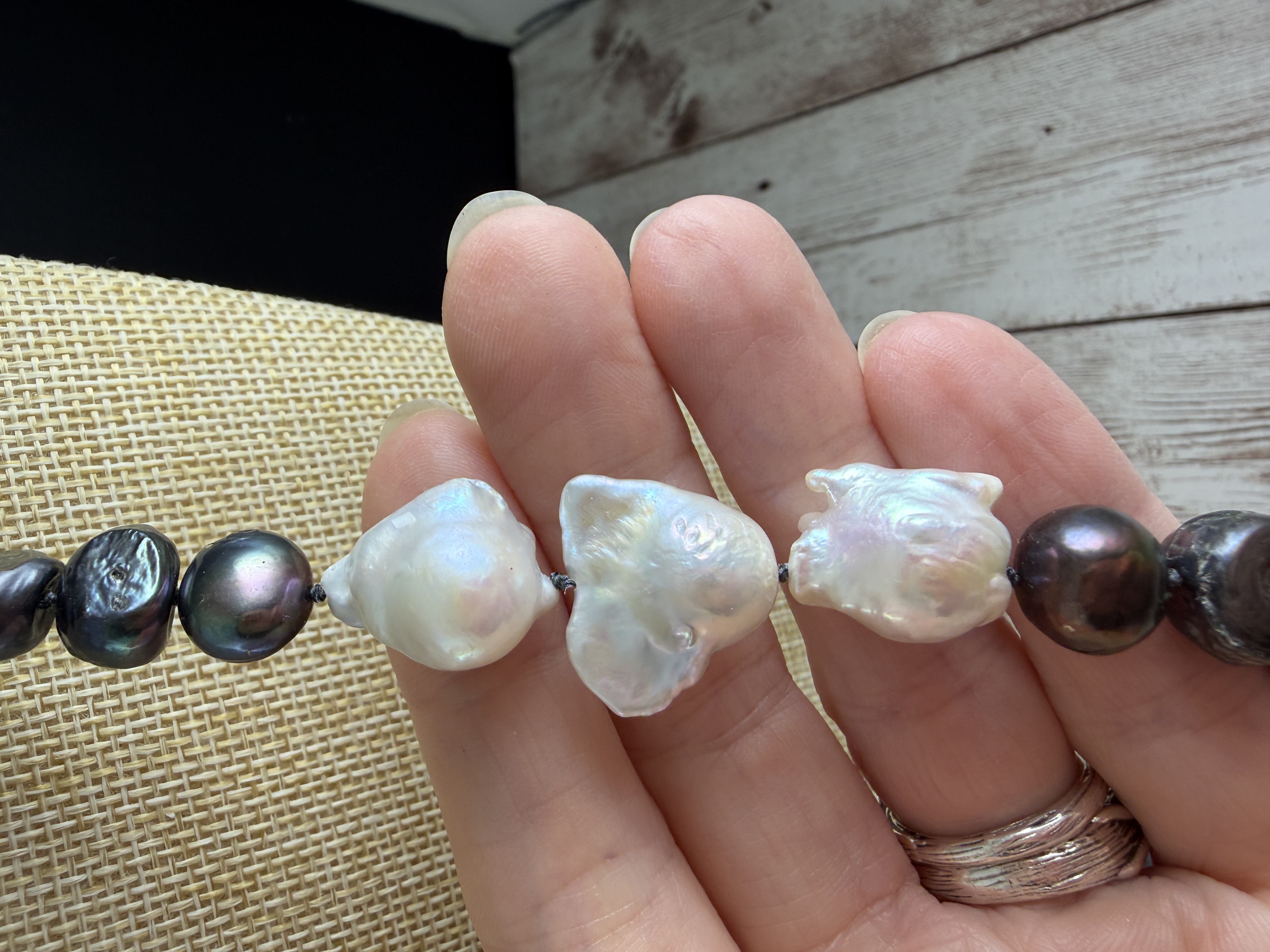 Hand Knotted Peacock Pearl Necklace With Baroque Pearl Accents. thumbnail 2