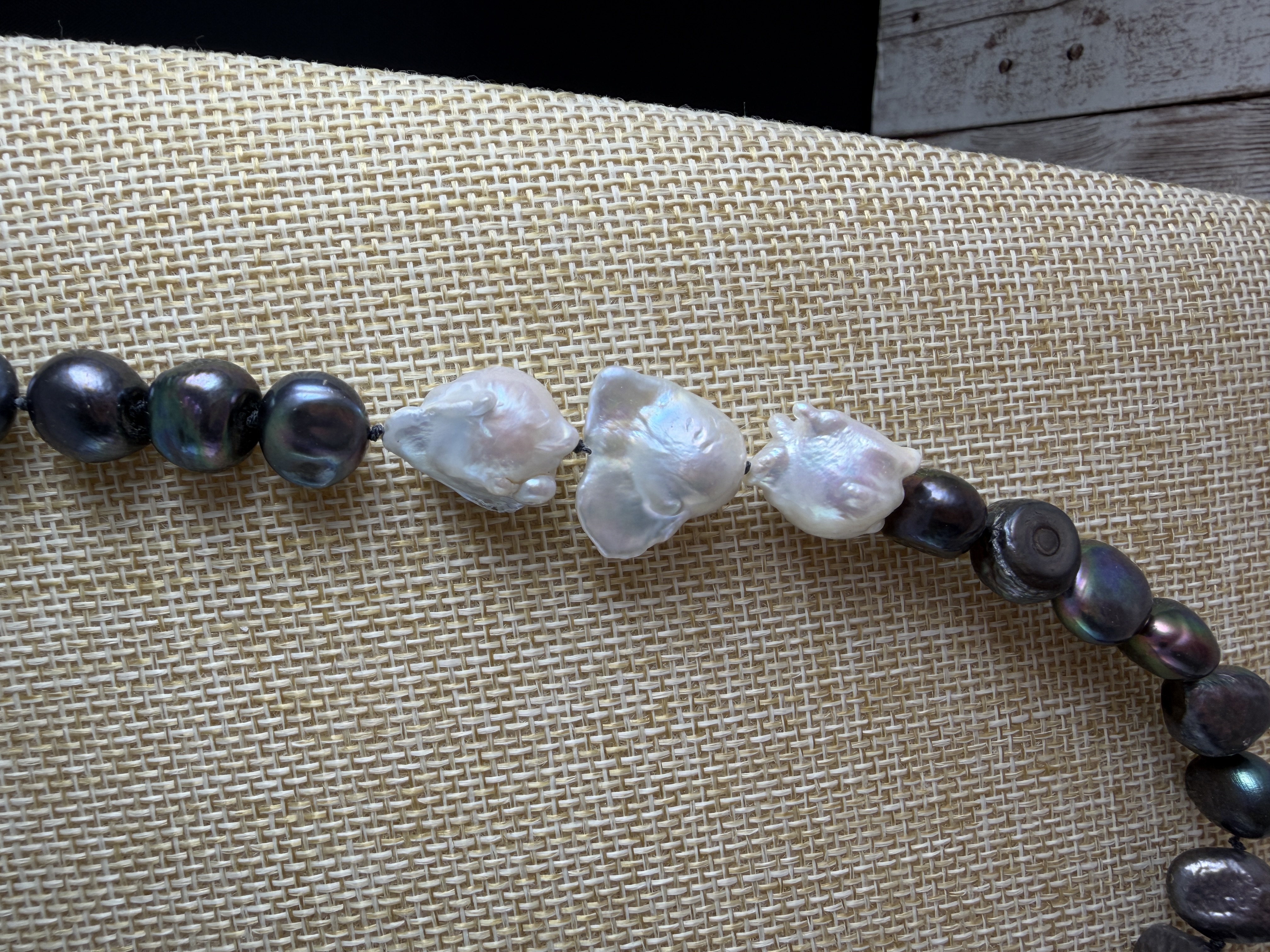 Hand Knotted Peacock Pearl Necklace With Baroque Pearl Accents. thumbnail 3