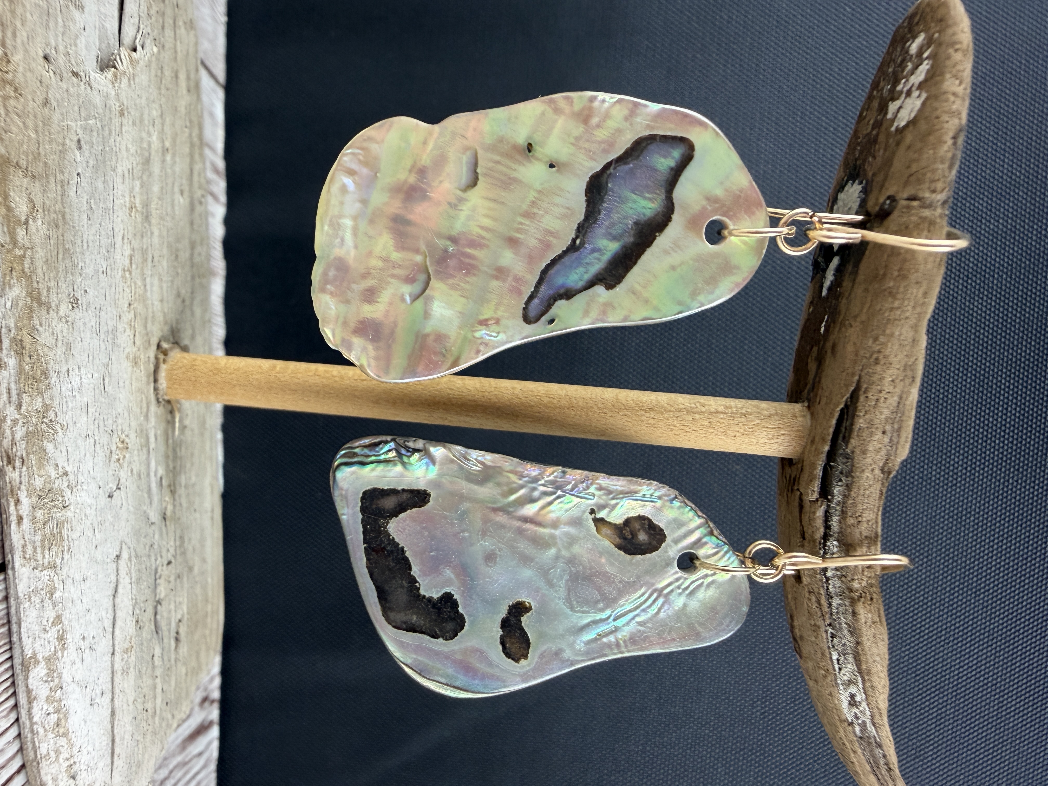 Abalone Dangle Earrings, Gold Vermeil Hooks, Iridescent Shell thumbnail 4