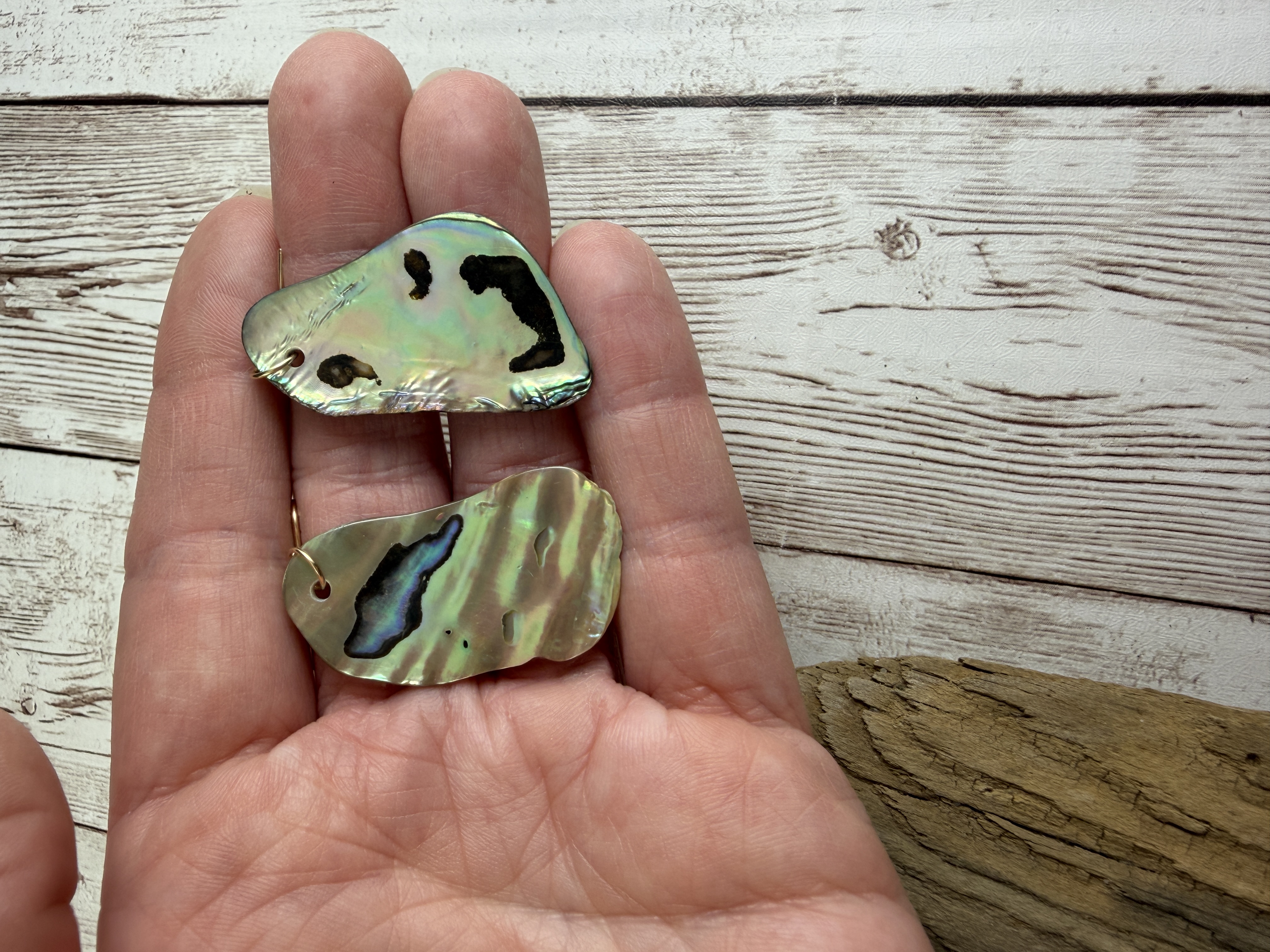 Abalone Dangle Earrings, Gold Vermeil Hooks, Iridescent Shell thumbnail 5