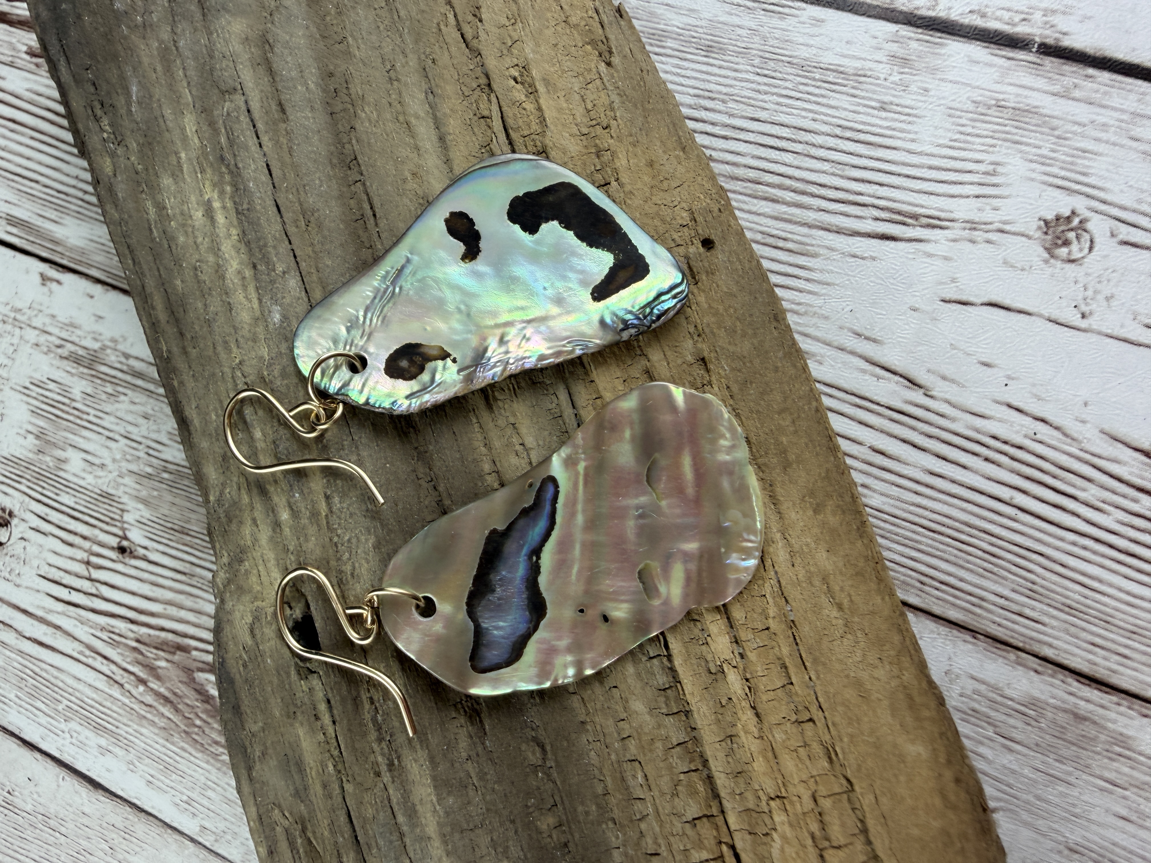Abalone Dangle Earrings, Gold Vermeil Hooks, Iridescent Shell thumbnail 2