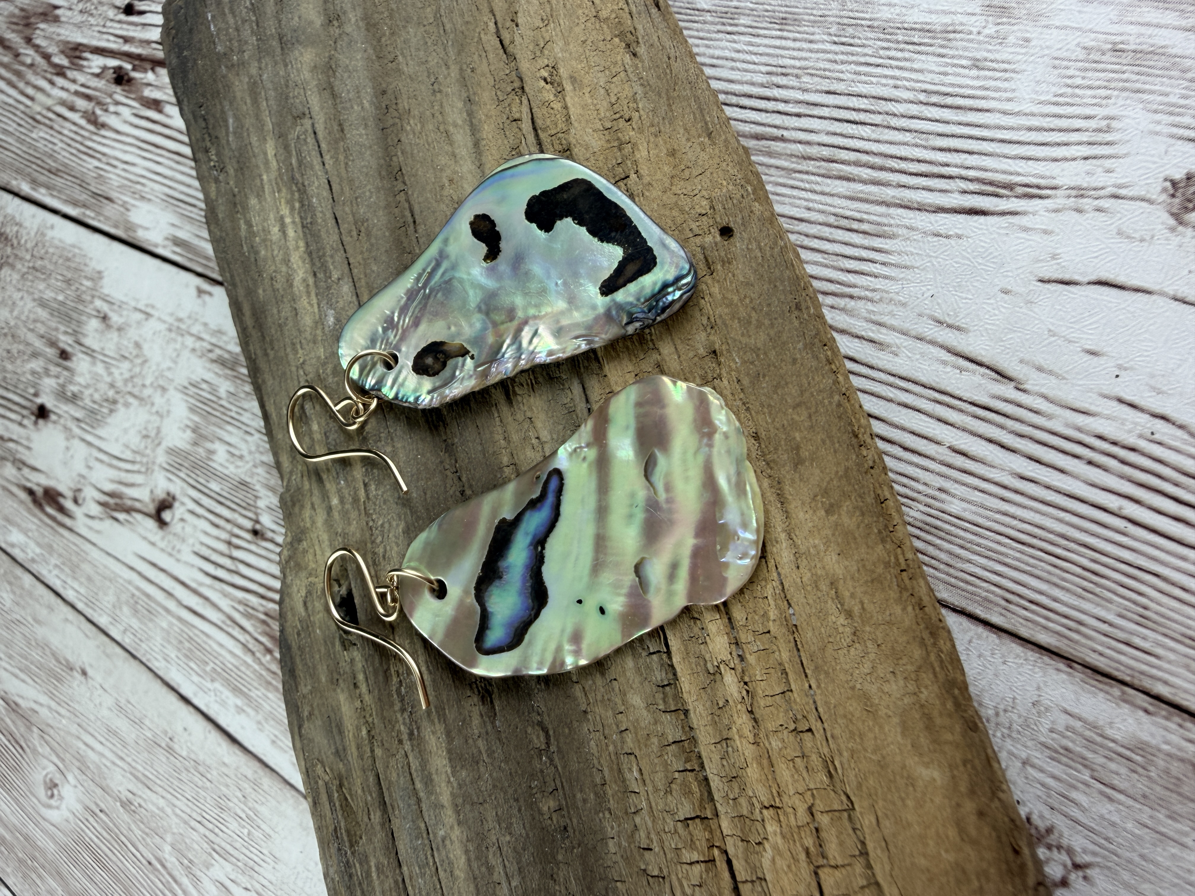 Abalone Dangle Earrings, Gold Vermeil Hooks, Iridescent Shell thumbnail 3