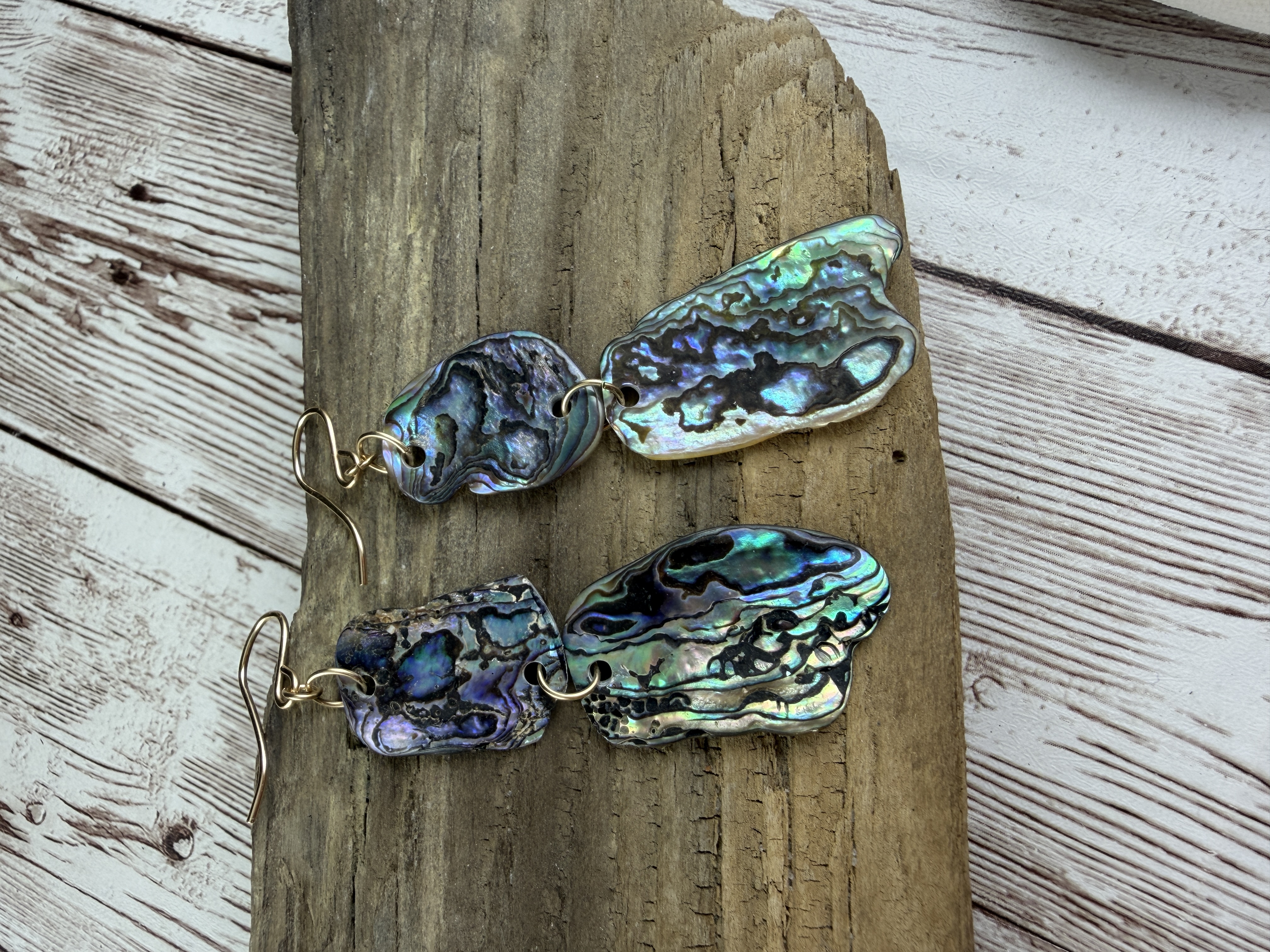 Double Abalone Dangle Earrings, Gold Vermeil Hooks, Ocean Jewelry thumbnail 5