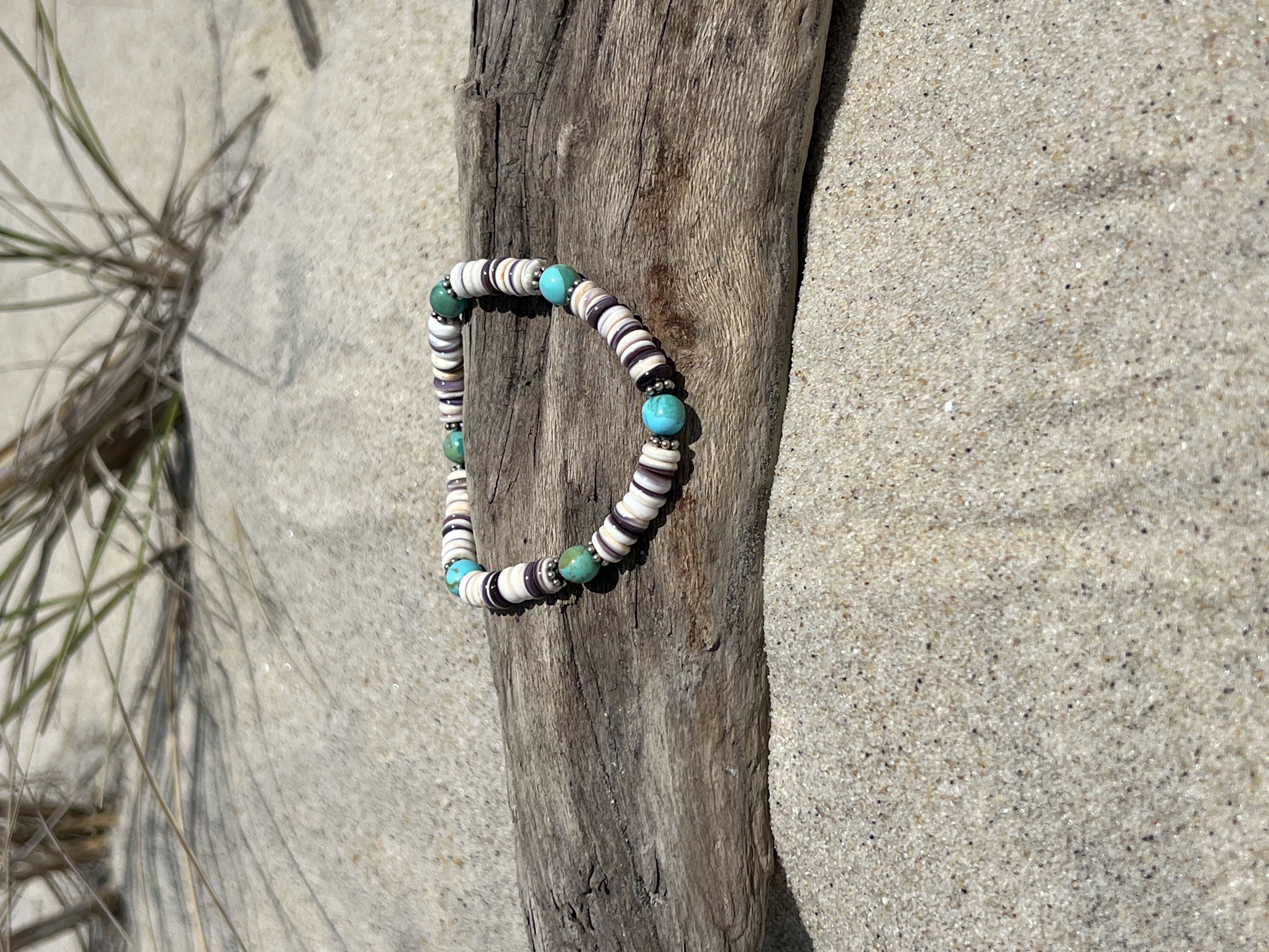 Wampum Stretch Bracelet: Kingman Turquoise & Sterling Silver thumbnail 2