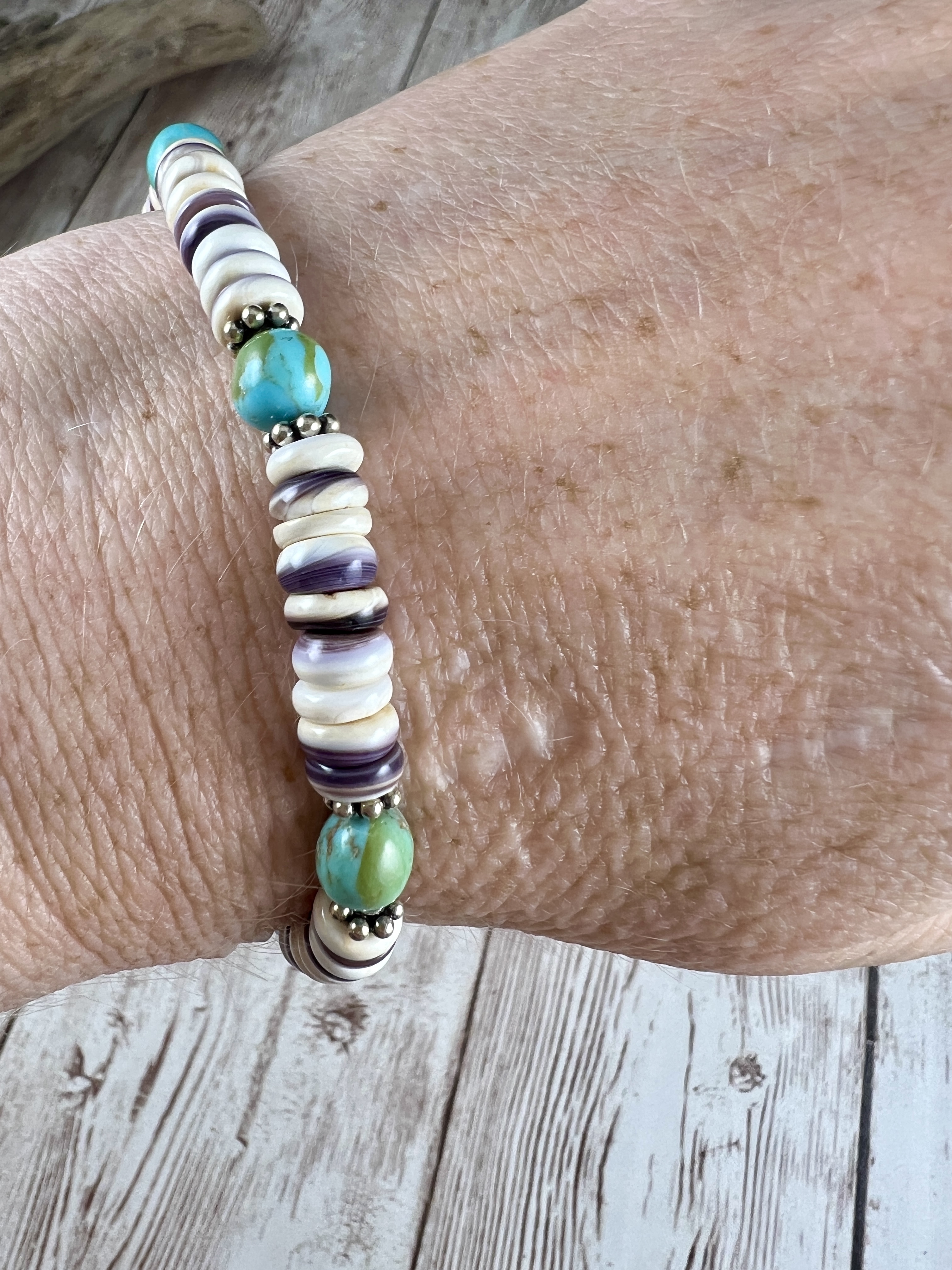 Wampum Stretch Bracelet: Kingman Turquoise & Sterling Silver thumbnail 6