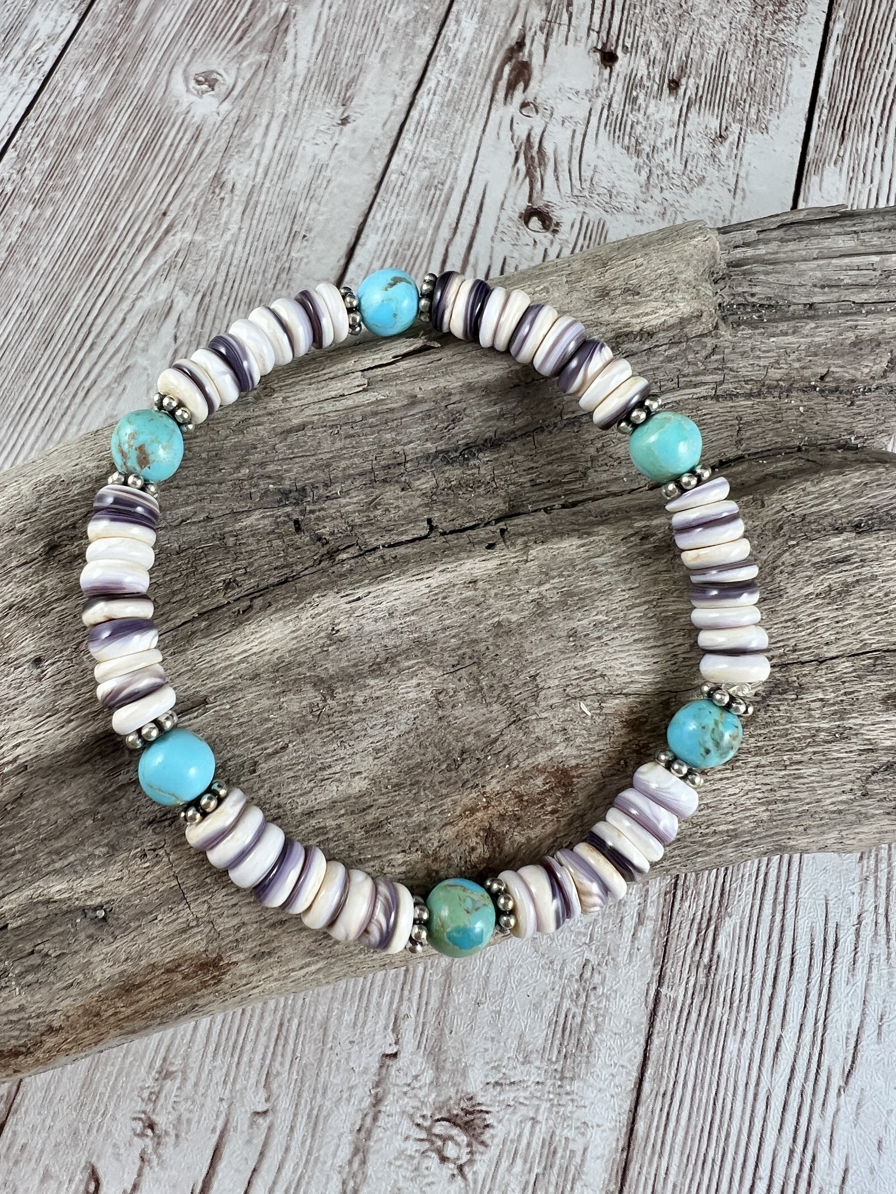 Wampum Stretch Bracelet: Kingman Turquoise & Sterling Silver thumbnail 3