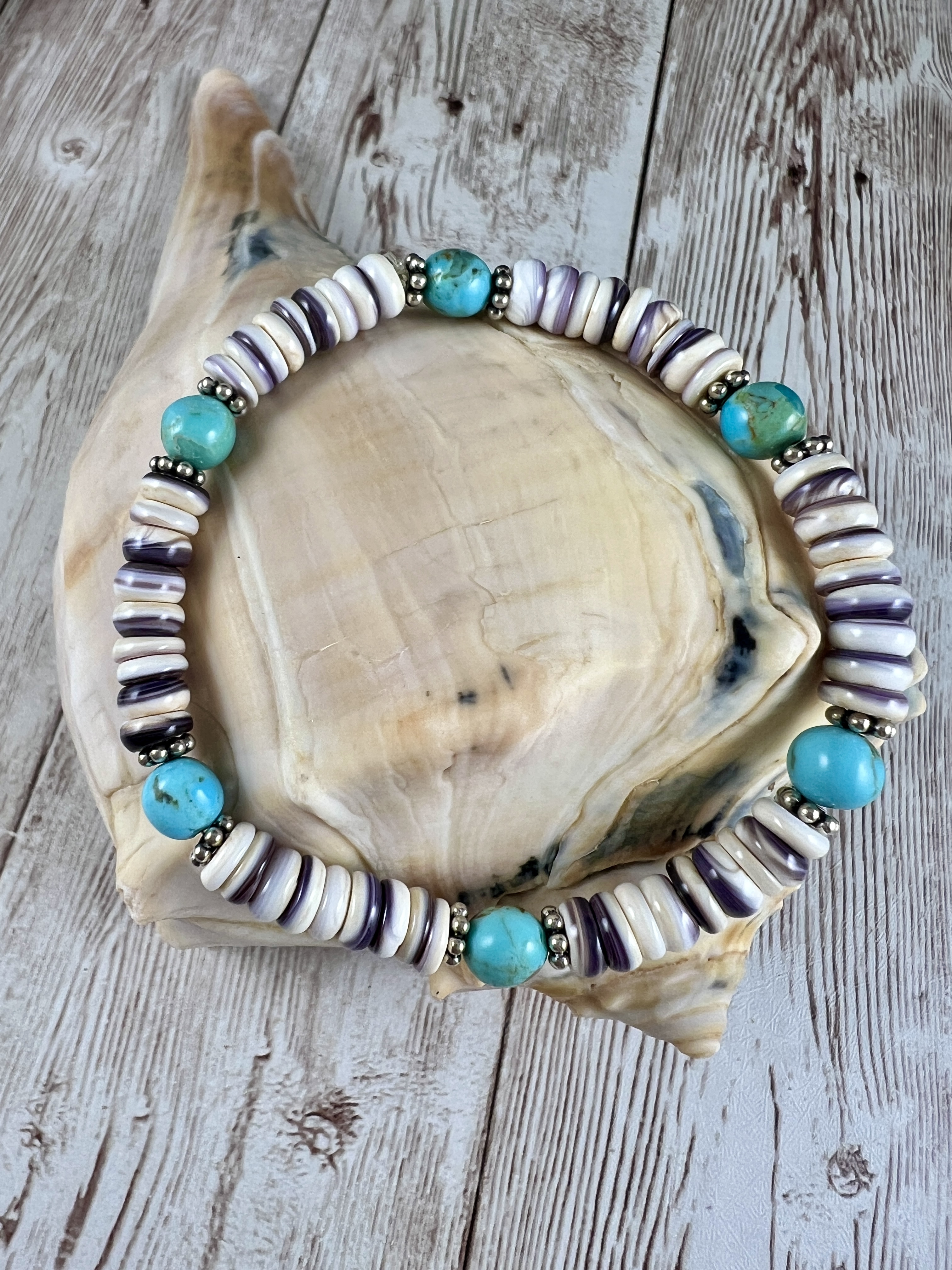 Wampum Stretch Bracelet: Kingman Turquoise & Sterling Silver thumbnail 5