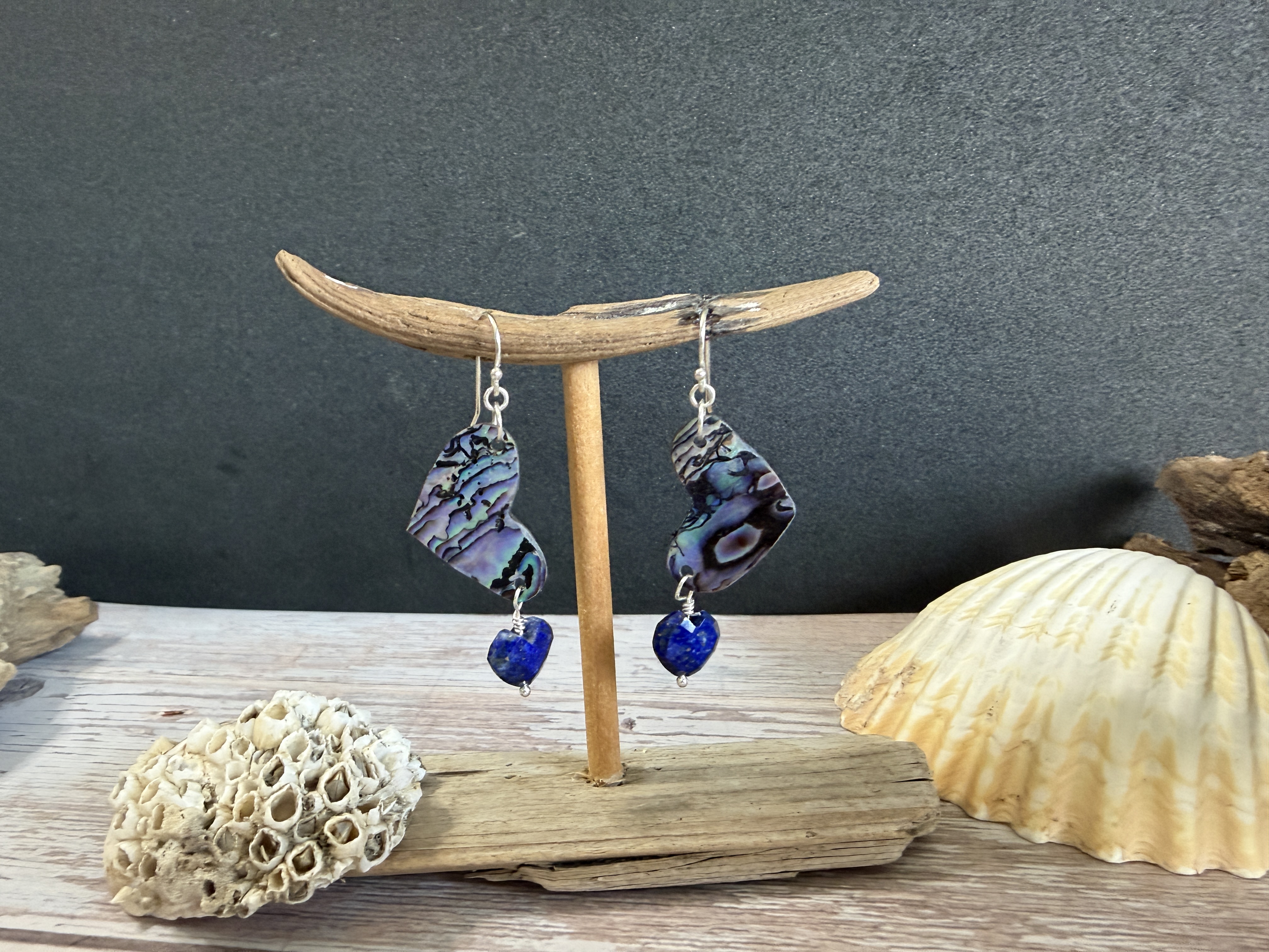 Abalone Heart Earrings with Lapis Lazuli image 2