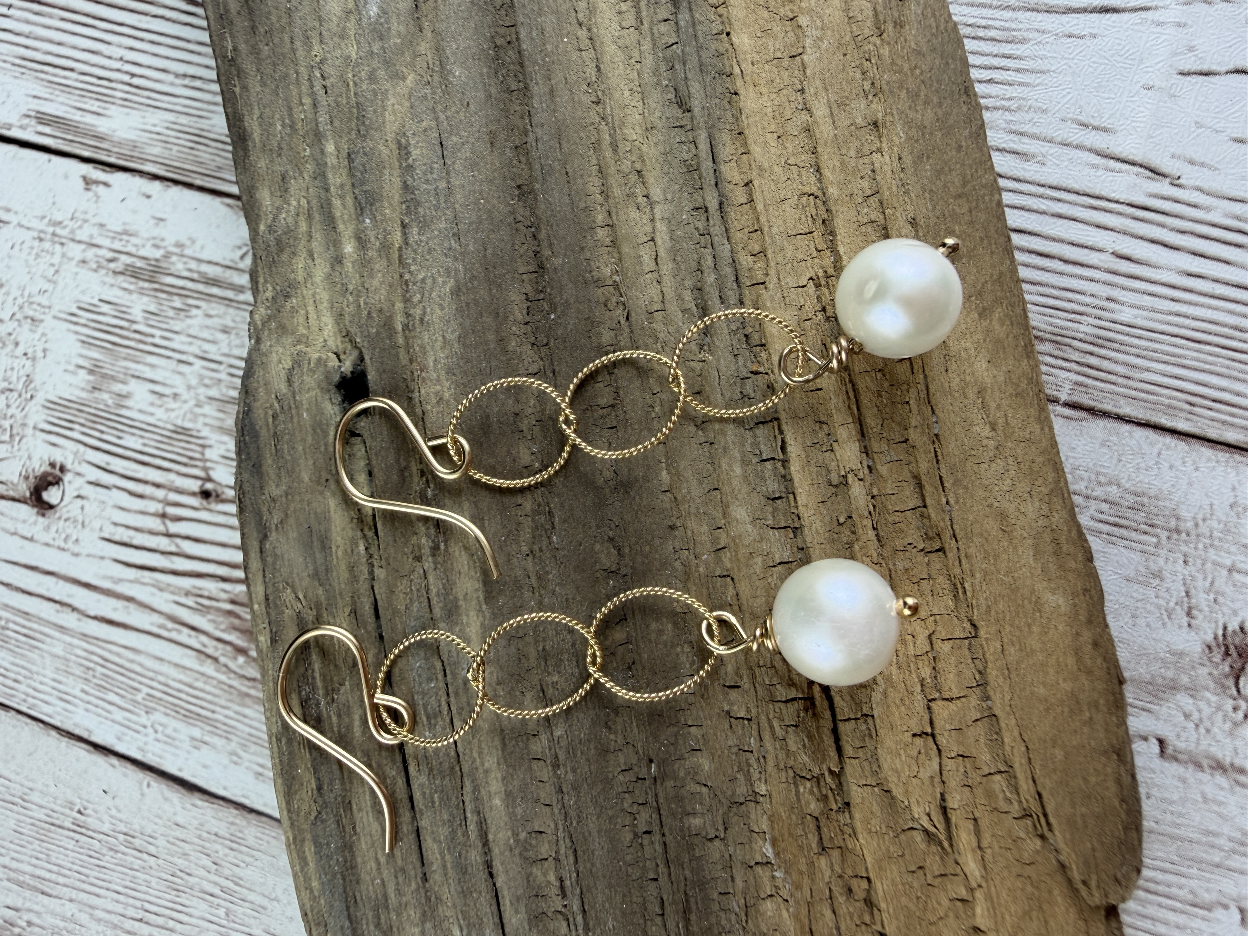 White Pearl Gold Filled Dangle Earrings image 4