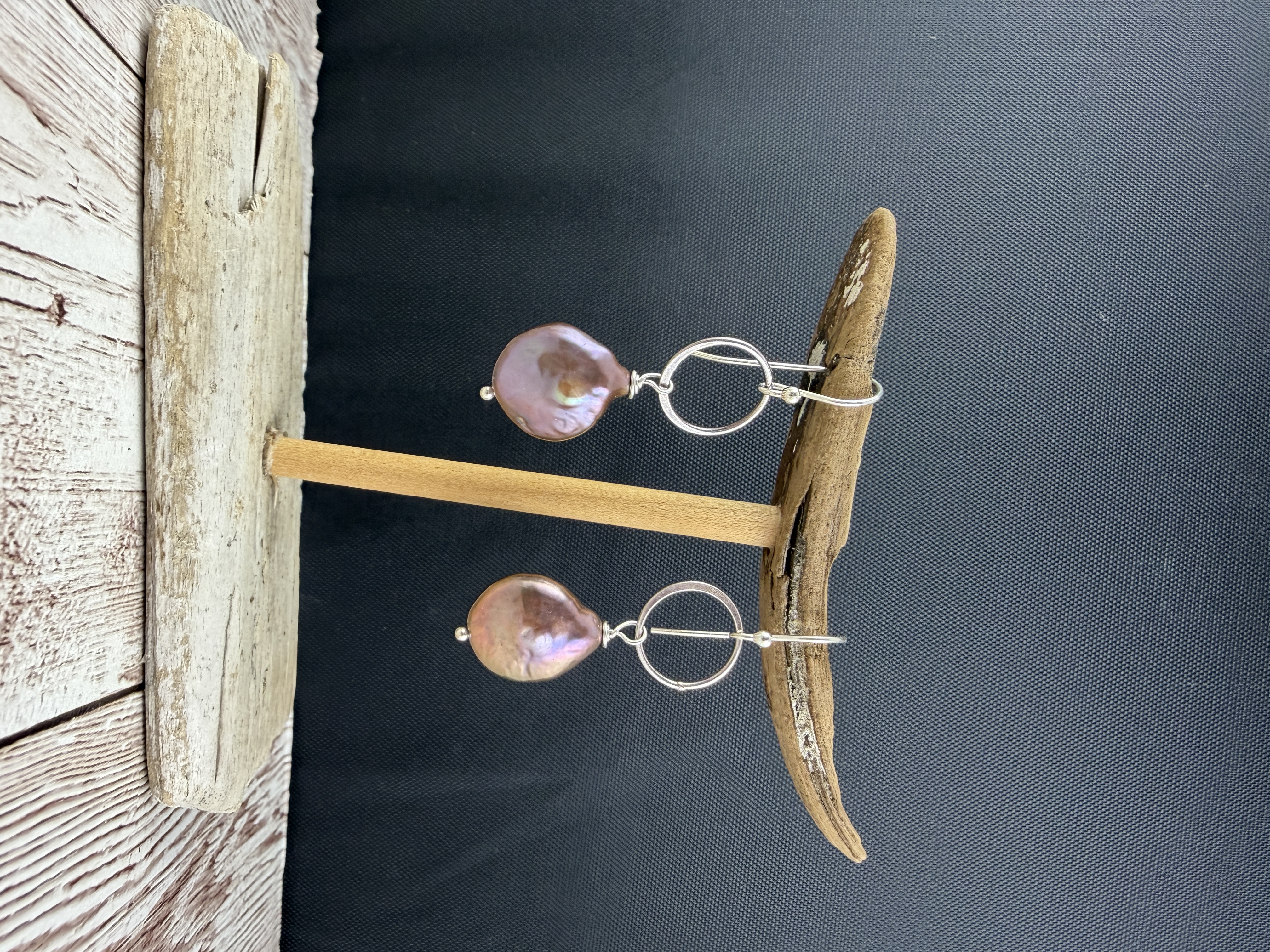 Sterling Silver Freshwater Coin Pearl Dangle Earrings, Purple Bronze image 2