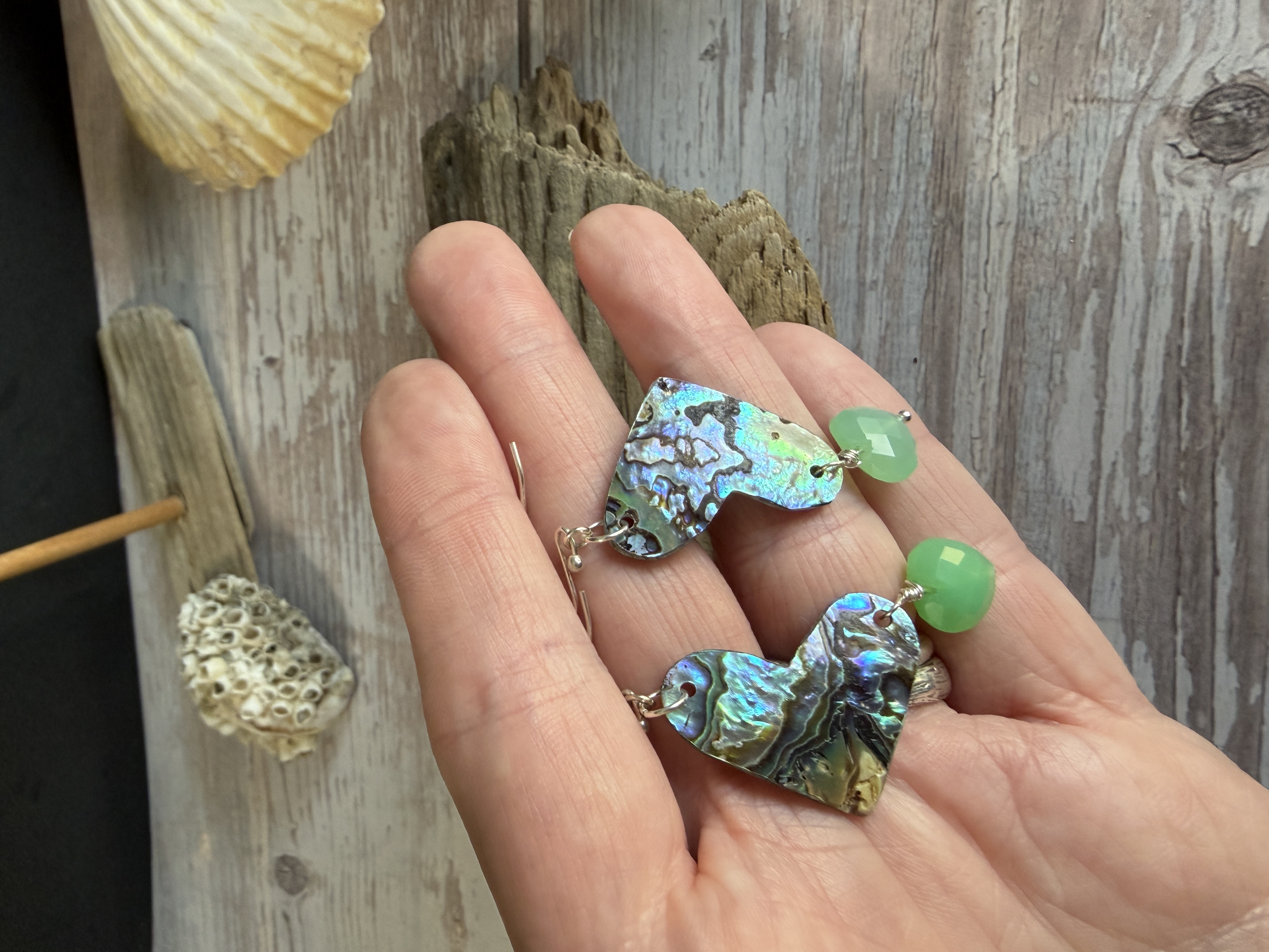Abalone Heart Earrings with Chrysoprase  image 2