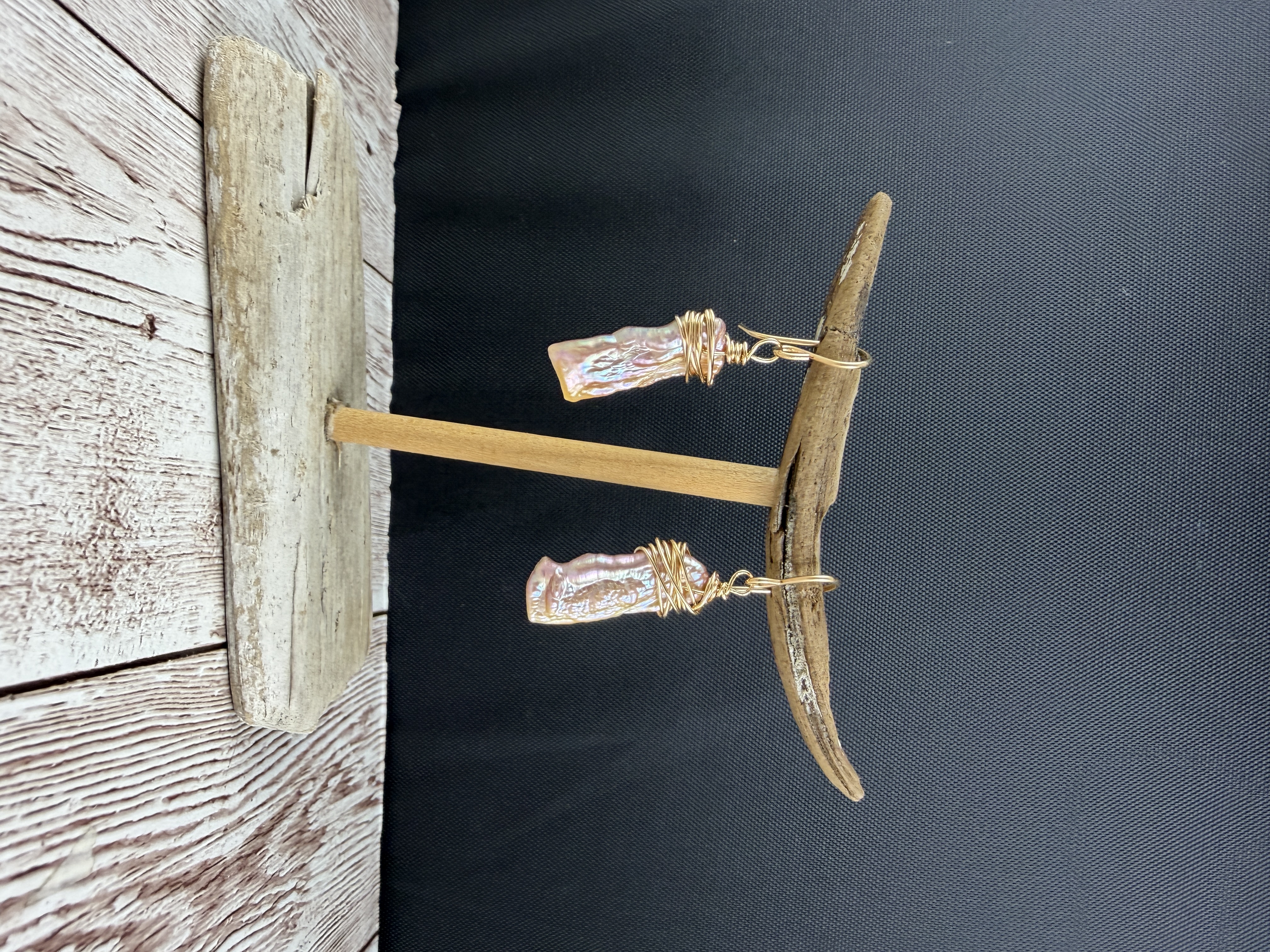 Gold Wire Wrapped Pink Baroque Pearl Earrings