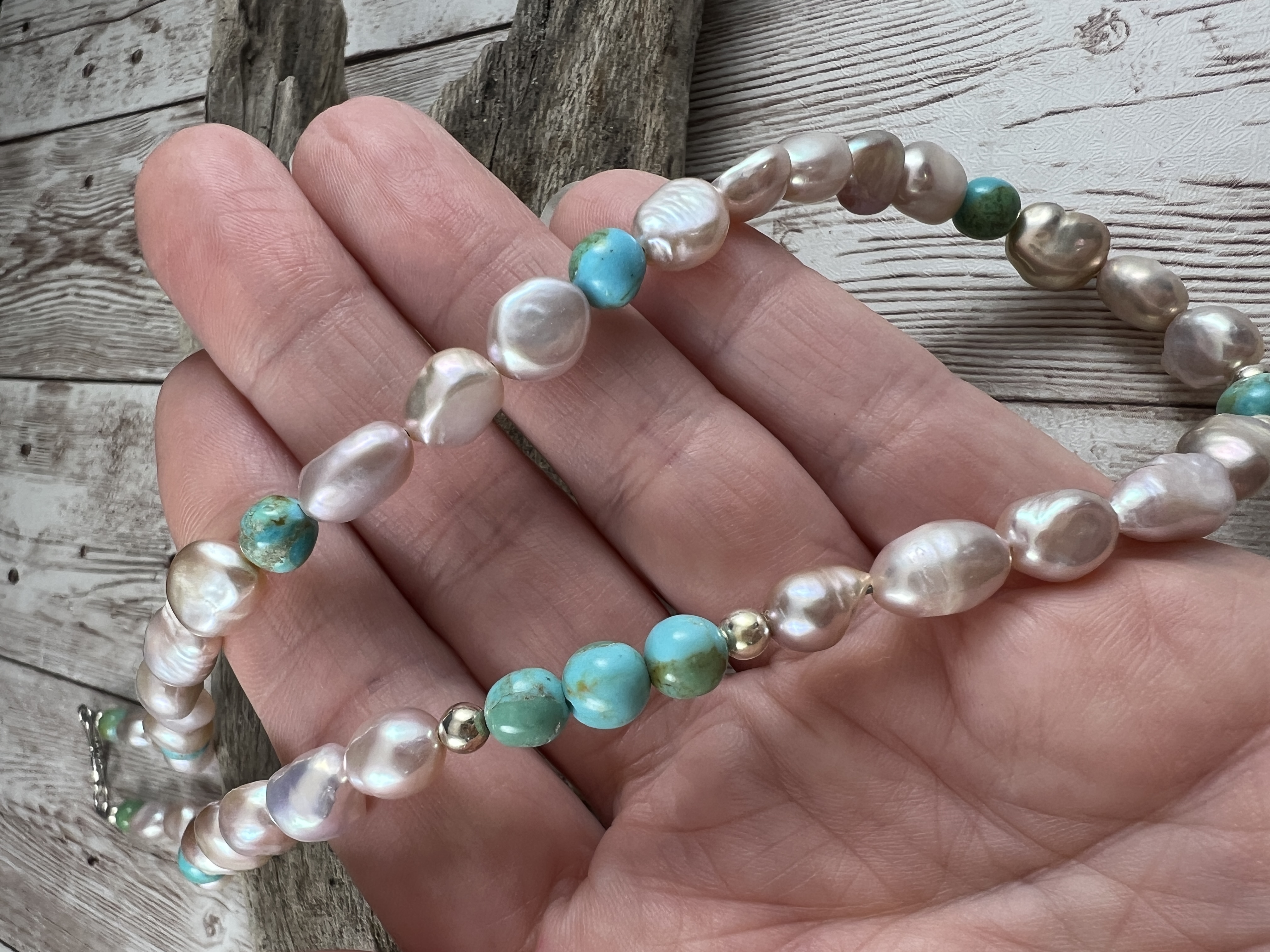 Freshwater Pearl and Kingman Turquoise Necklace, Sterling Silver Clasp image 3