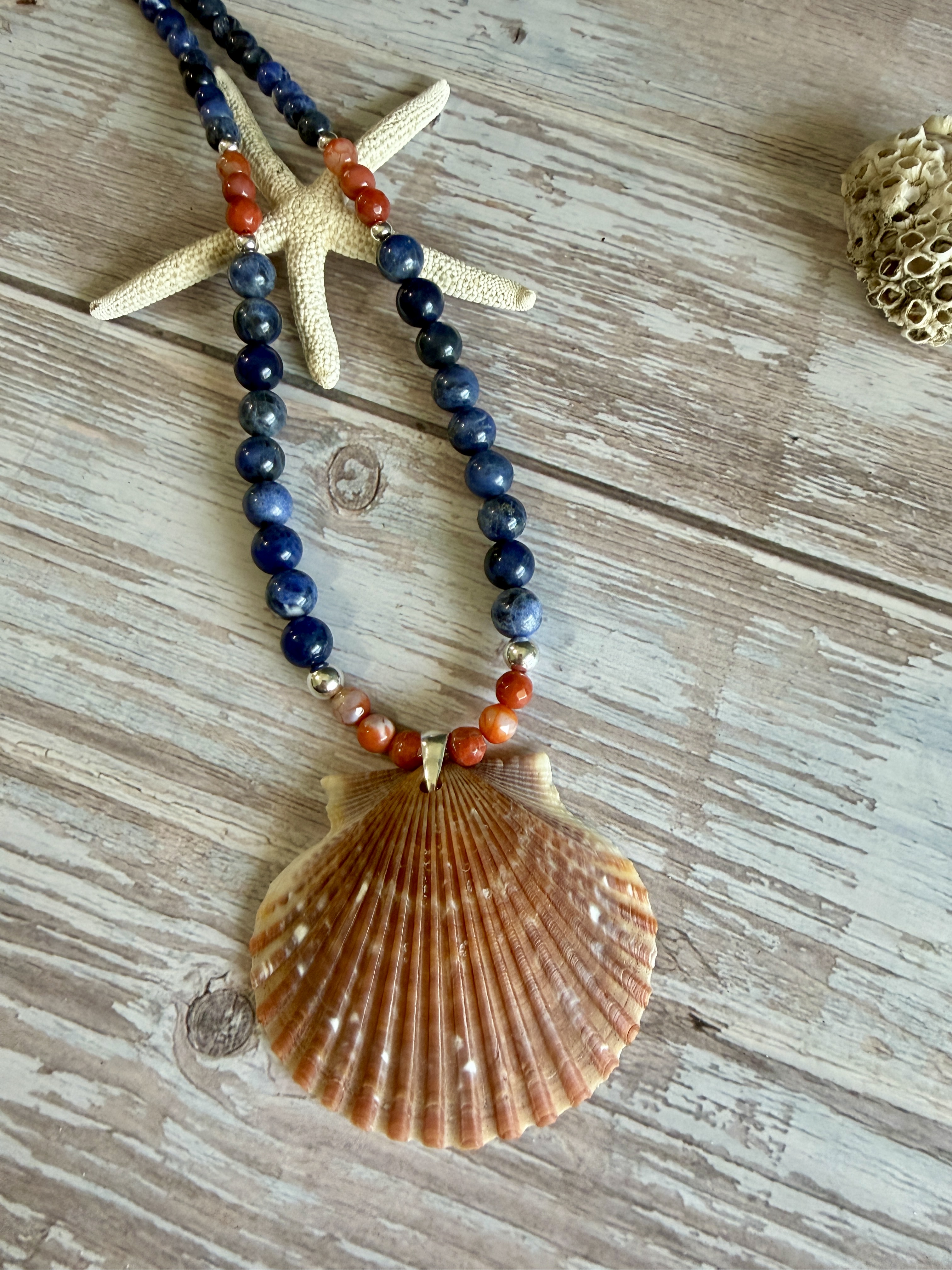Sodalite and Carnelian Necklace with Shell Pendant image 5