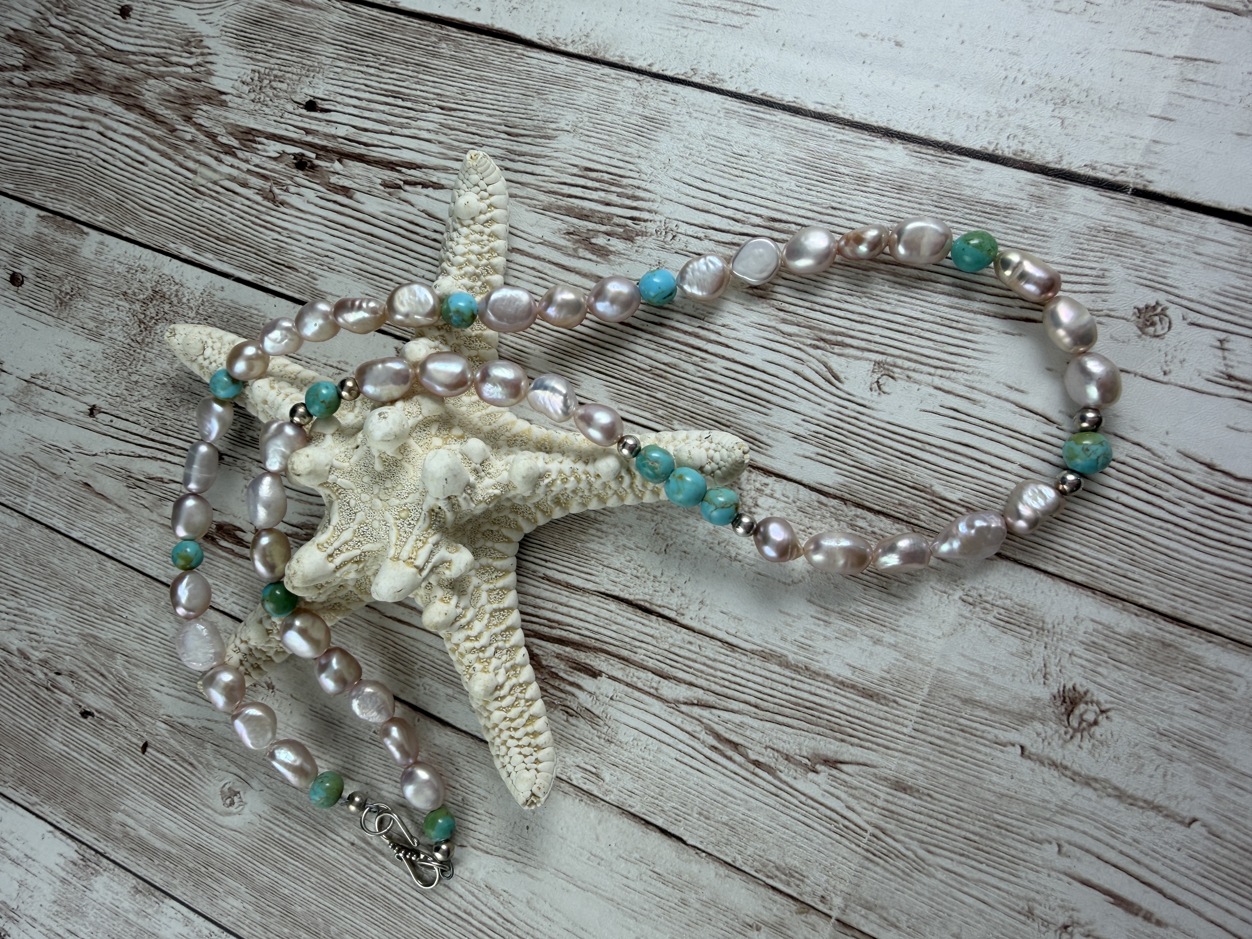 Freshwater Pearl and Kingman Turquoise Necklace, Sterling Silver Clasp image 4