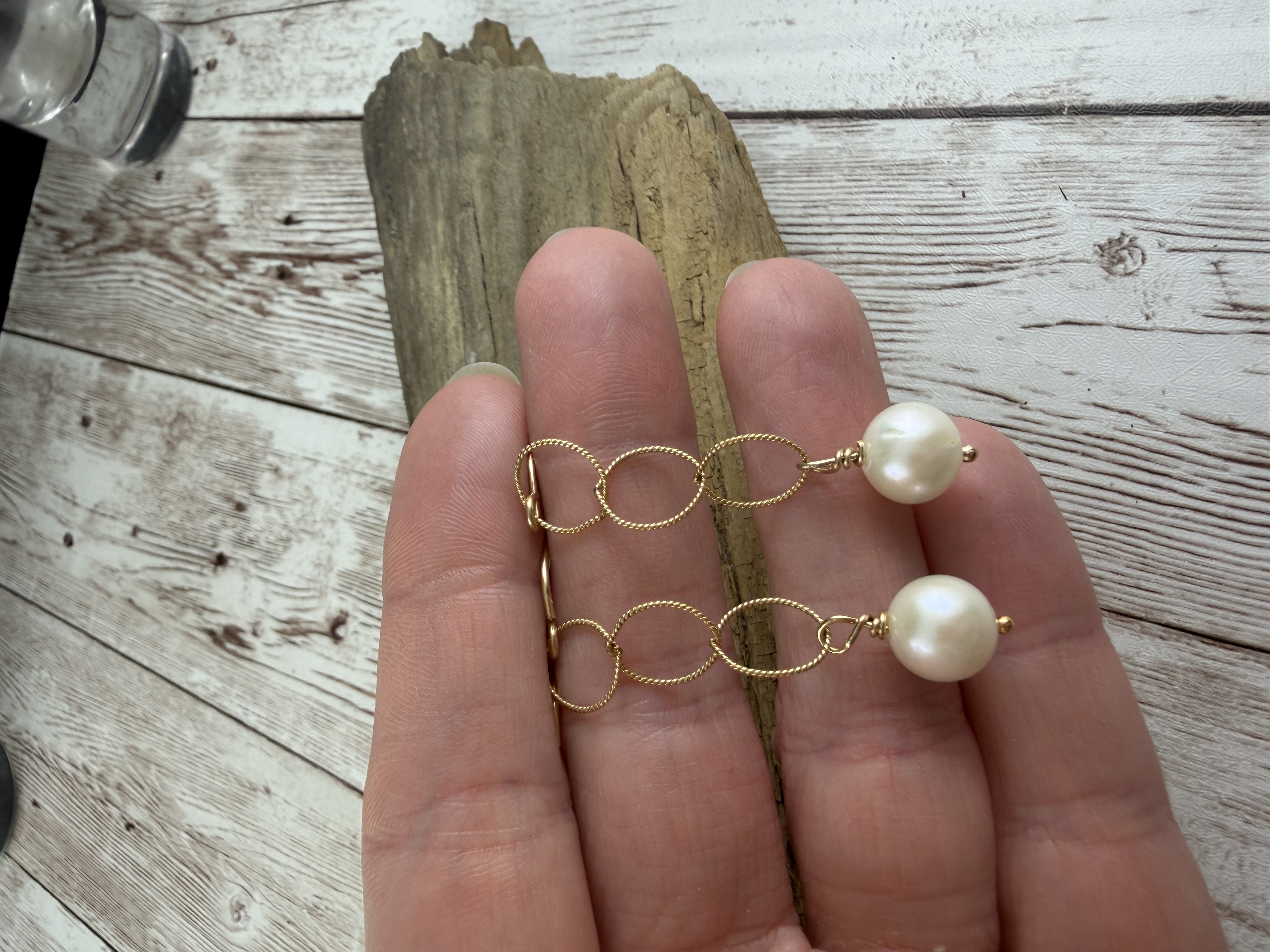 White Pearl Gold Filled Dangle Earrings image 5