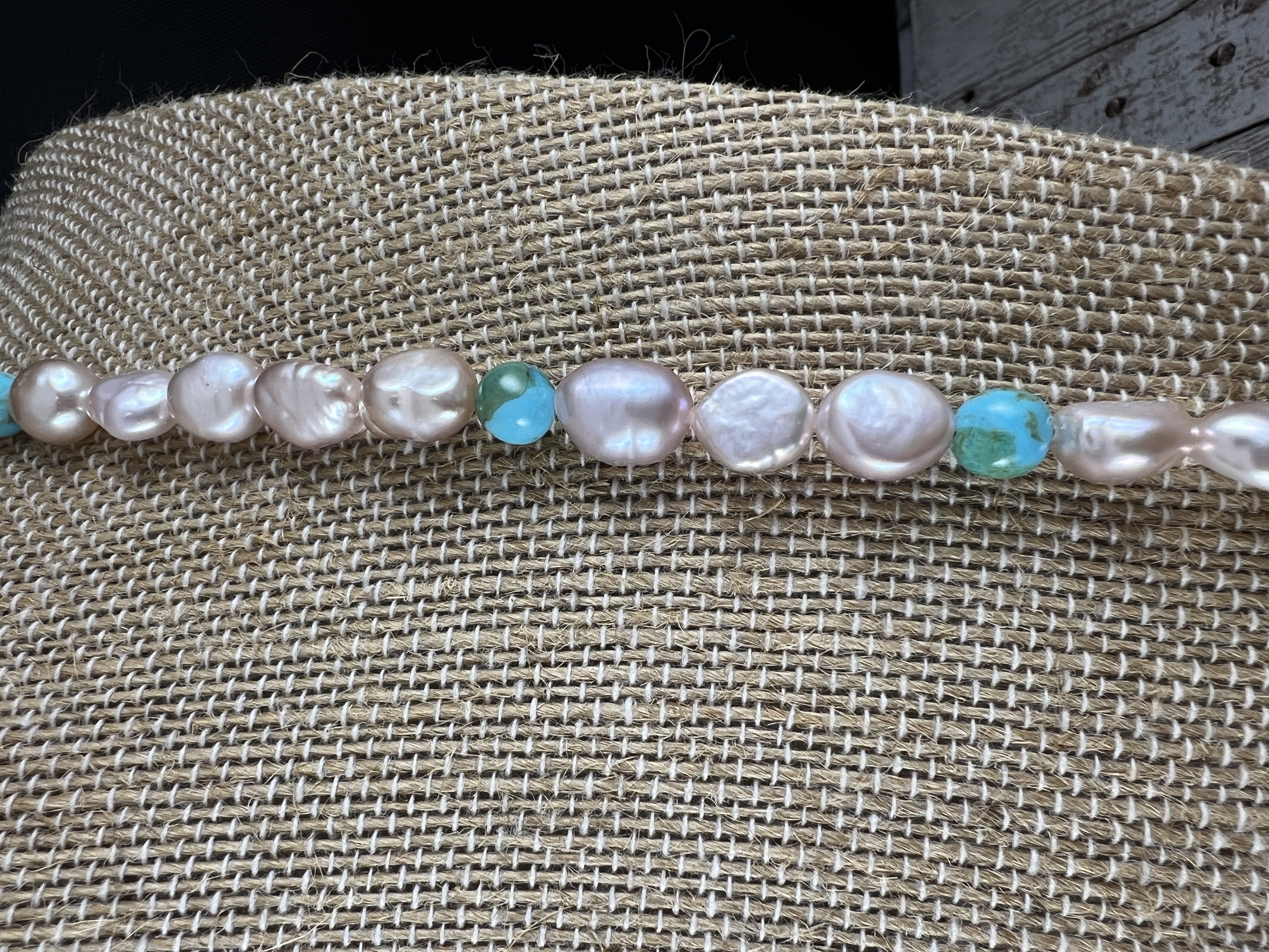 Freshwater Pearl and Kingman Turquoise Necklace, Sterling Silver Clasp image 2