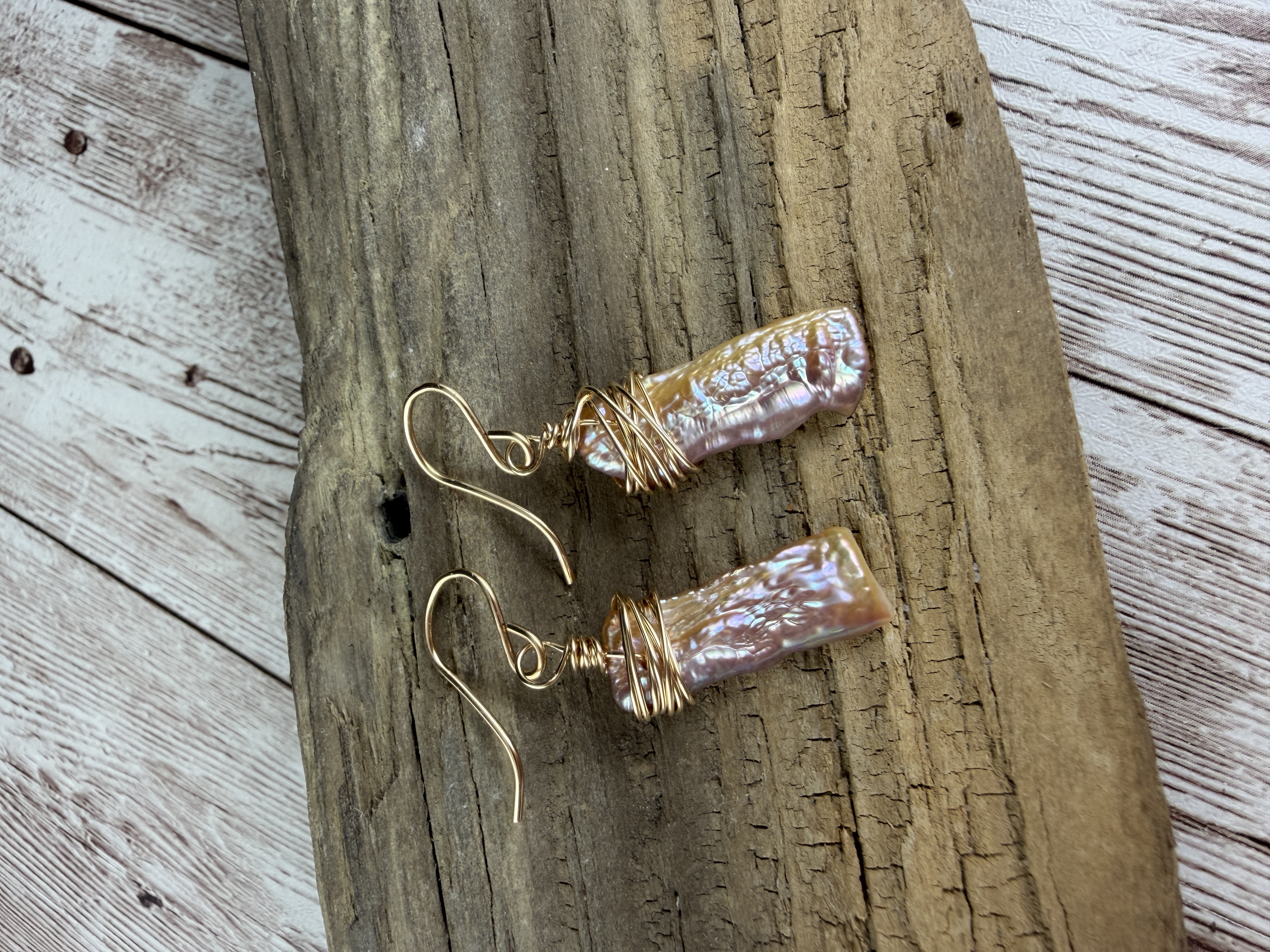 Gold Wire Wrapped Pink Baroque Pearl Earrings image 4